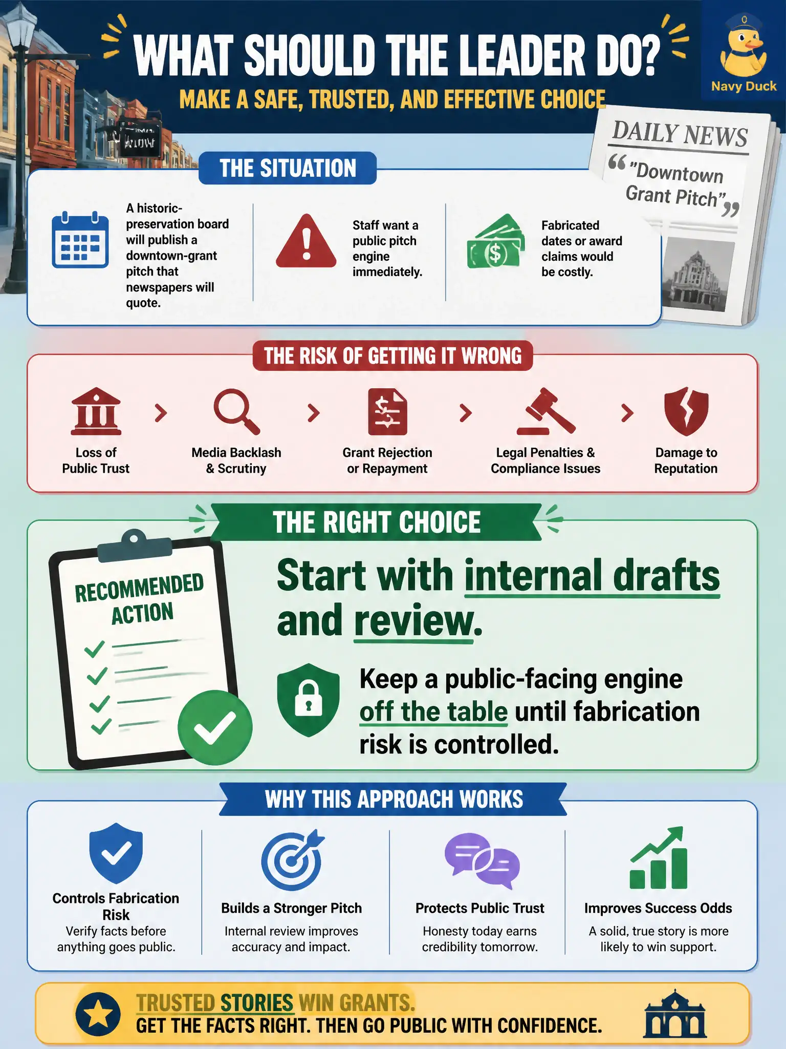To Create an exciting colorful infographic that explains the concepts in the question: Question: A historic-preservation board will publish a downtown-grant pitch that newspapers will quote. Staff want a public pitch engine immediately. Fabricated dates or award claims would be costly. What should the leader do? Correct Answer: Start with internal drafts and review. Keep a public-facing engine off the table until fabrication risk is controlled. Put EVERY visible label in double quotes. No people. No A/B/C/D letters. In one of the four corners put a little "Navy Duck".