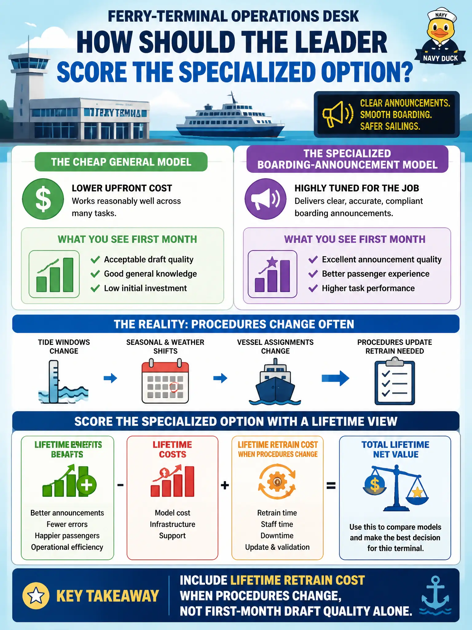 To Create an exciting colorful infographic that explains the concepts in the question: Question: A ferry-terminal operations desk compares a cheap general model with a specialized boarding-announcement model they must retrain whenever tide windows and vessel assignments change. How should the leader score the specialized option? Correct Answer: Include lifetime retrain cost when procedures change, not first-month draft quality alone. Put EVERY visible label in double quotes. No people. No A/B/C/D letters. In one of the four corners put a little "Navy Duck".