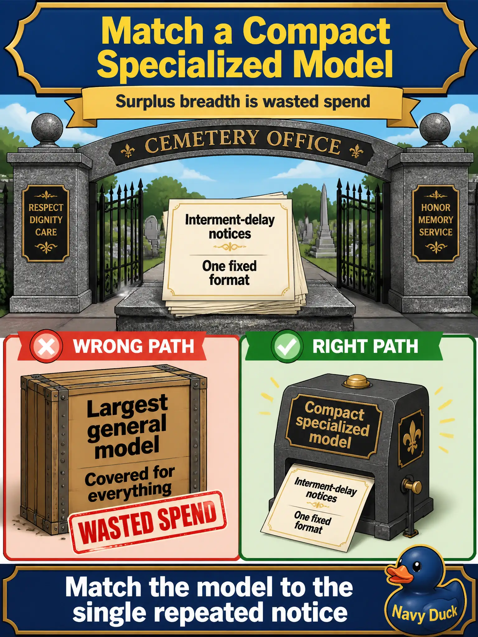 To Create an exciting colorful infographic that explains the concepts in the question: Question: A cemetery office writes only interment-delay notices in one fixed format. A vendor pitches the largest general model so the office is “covered for everything.” What should the leader do? Correct Answer: Match a compact specialized model to the single repeated notice. Surplus breadth is wasted spend. Put EVERY visible label in double quotes. No people. No A/B/C/D letters. In one of the four corners put a little "Navy Duck".