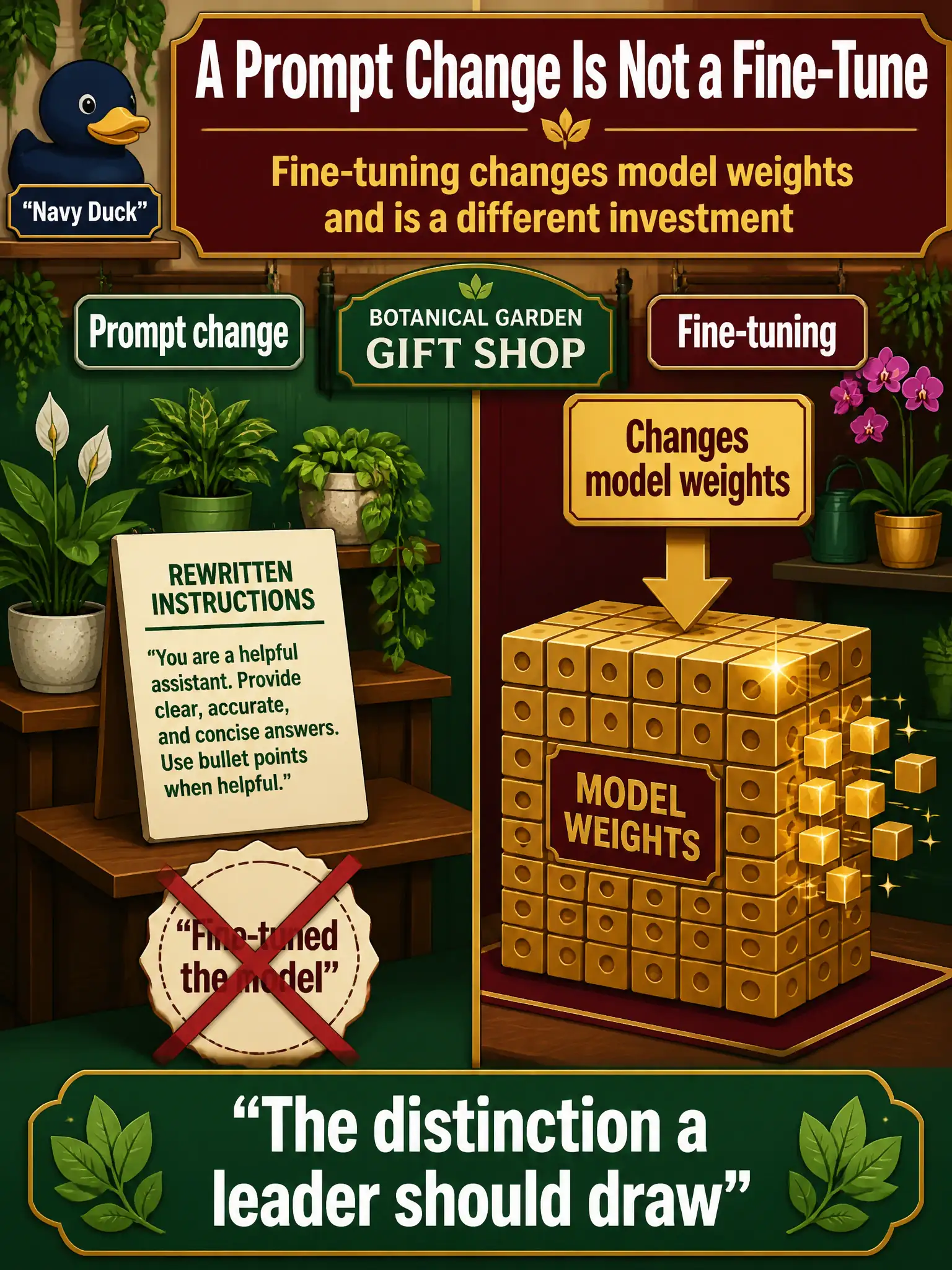 To Create an exciting colorful infographic that explains the concepts in the question: Question: A botanical-garden gift-shop manager rewrites the typed instructions and tells the trustees they have “fine-tuned the model.” What distinction should the leader draw? Correct Answer: A prompt change is not a fine-tune. Fine-tuning changes model weights and is a different investment. Put EVERY visible label in double quotes. No people. No A/B/C/D letters. In one of the four corners put a little "Navy Duck".