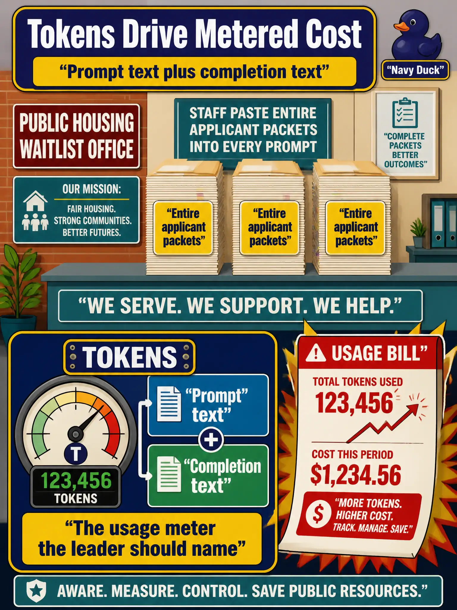 To Create an exciting colorful infographic that explains the concepts in the question: Question: A public-housing waitlist office sees the usage bill jump after staff paste entire applicant packets into every prompt. What should the leader name as the usage meter? Correct Answer: Tokens — the prompt text plus the completion text the model processes — drive metered cost. Put EVERY visible label in double quotes. No people. No A/B/C/D letters. In one of the four corners put a little "Navy Duck".