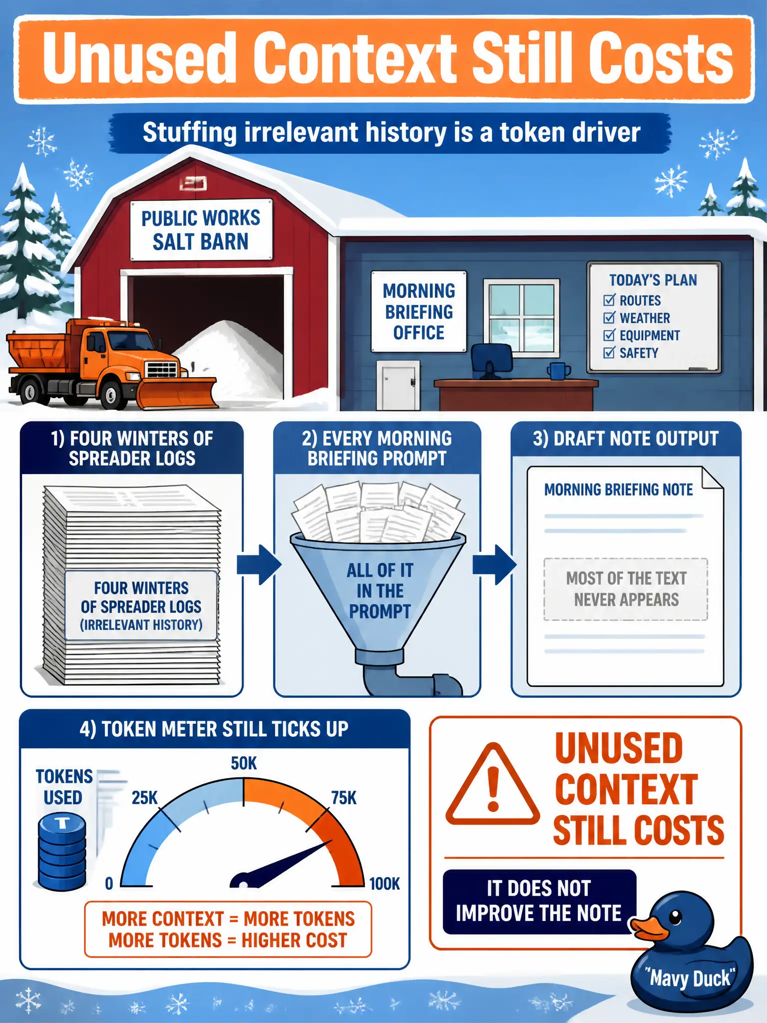 To Create an exciting colorful infographic that explains the concepts in the question: Question: A public-works salt-barn office pastes four winters of spreader logs into every morning briefing prompt. Most of the text never appears in the draft. What should the leader flag? Correct Answer: Unused context still costs. Stuffing irrelevant history is a token driver even when it does not improve the note. Put EVERY visible label in double quotes. No people. No A/B/C/D letters. In one of the four corners put a little "Navy Duck".