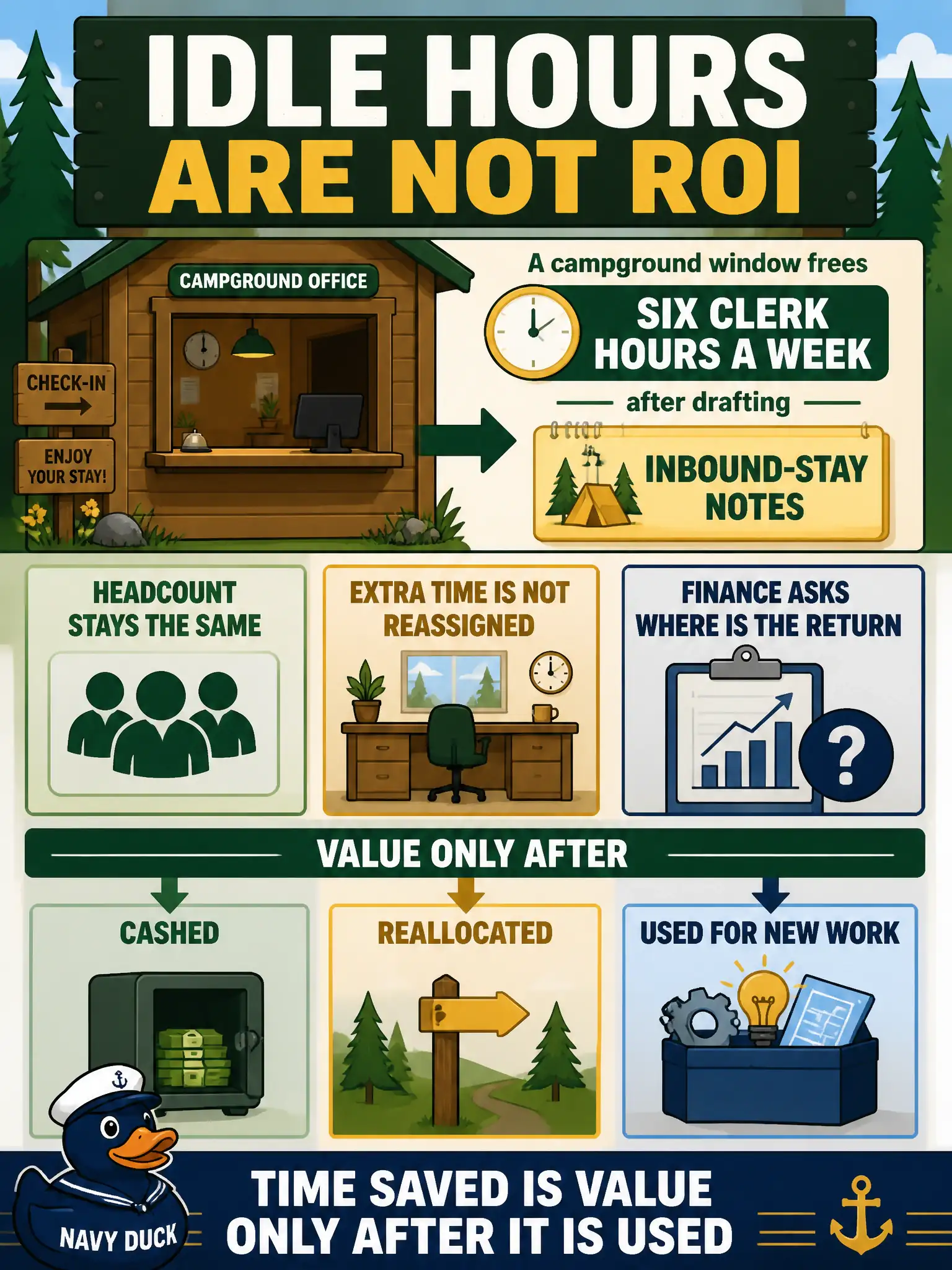 To Create an exciting colorful infographic that explains the concepts in the question: Question: A municipal campground reservation window frees six clerk hours a week after a generative tool drafts inbound-stay notes. Headcount stays the same, and the extra time is not reassigned. Finance asks where the return is. What should the leader report? Correct Answer: Time saved is value only after it is cashed, reallocated, or used for new work. Idle hours are not ROI. Put EVERY visible label in double quotes. No people. No A/B/C/D letters. In one of the four corners put a little "Navy Duck".