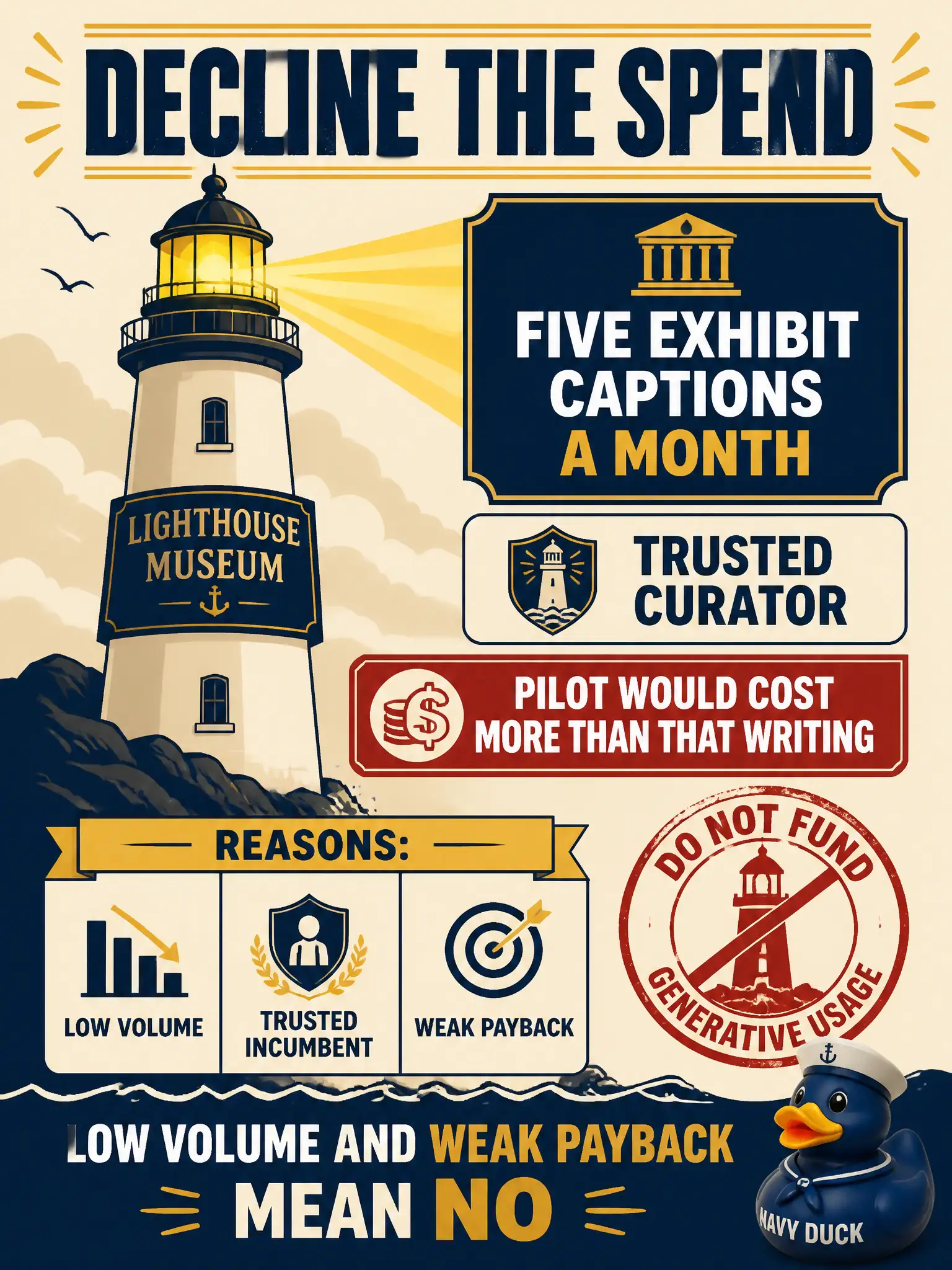 To Create an exciting colorful infographic that explains the concepts in the question: Question: A volunteer-run lighthouse museum writes five exhibit captions a month and already trusts the curator. A token-heavy pilot would cost more than that writing. What should the leader do? Correct Answer: Decline the spend. Low volume, a trusted incumbent, and weak payback are reasons not to fund generative usage. Put EVERY visible label in double quotes. No people. No A/B/C/D letters. In one of the four corners put a little "Navy Duck".