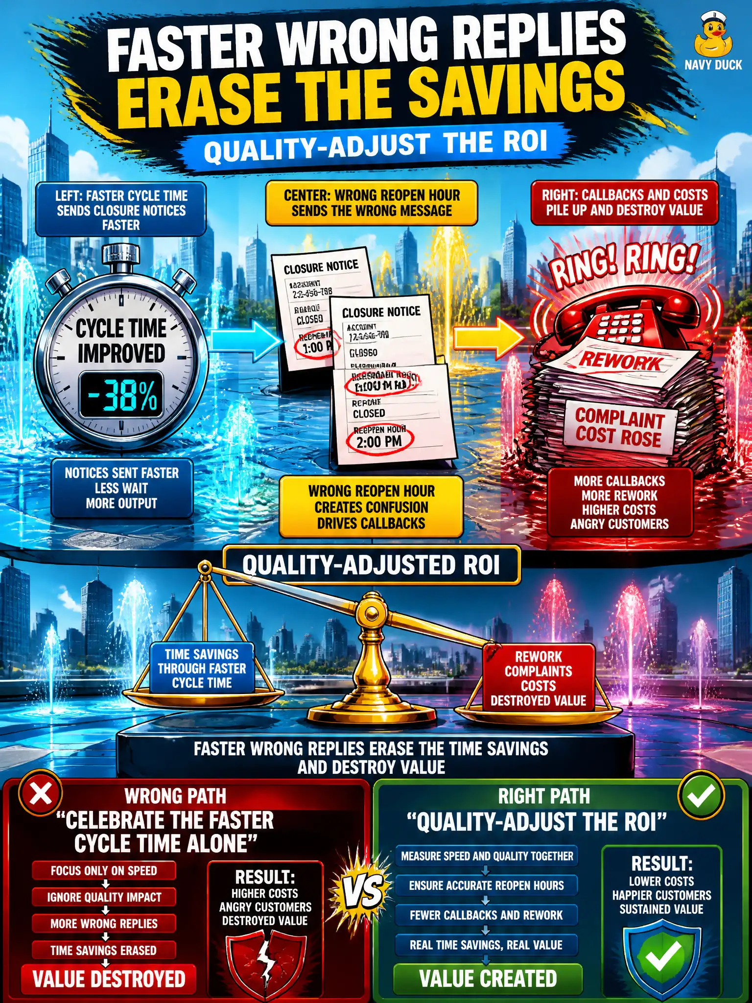 To Create an exciting colorful infographic that explains the concepts in the question: Question: A city splash-pad desk now sends lightning-closure notices faster, but several name the wrong reopen hour and caregiver callbacks explode. Cycle time improved; rework and complaint cost rose. How should the leader judge the return? Correct Answer: Quality-adjust the ROI. Faster wrong replies can erase the time savings and destroy value. Put EVERY visible label in double quotes. No people. No A/B/C/D letters. In one of the four corners put a little "Navy Duck".