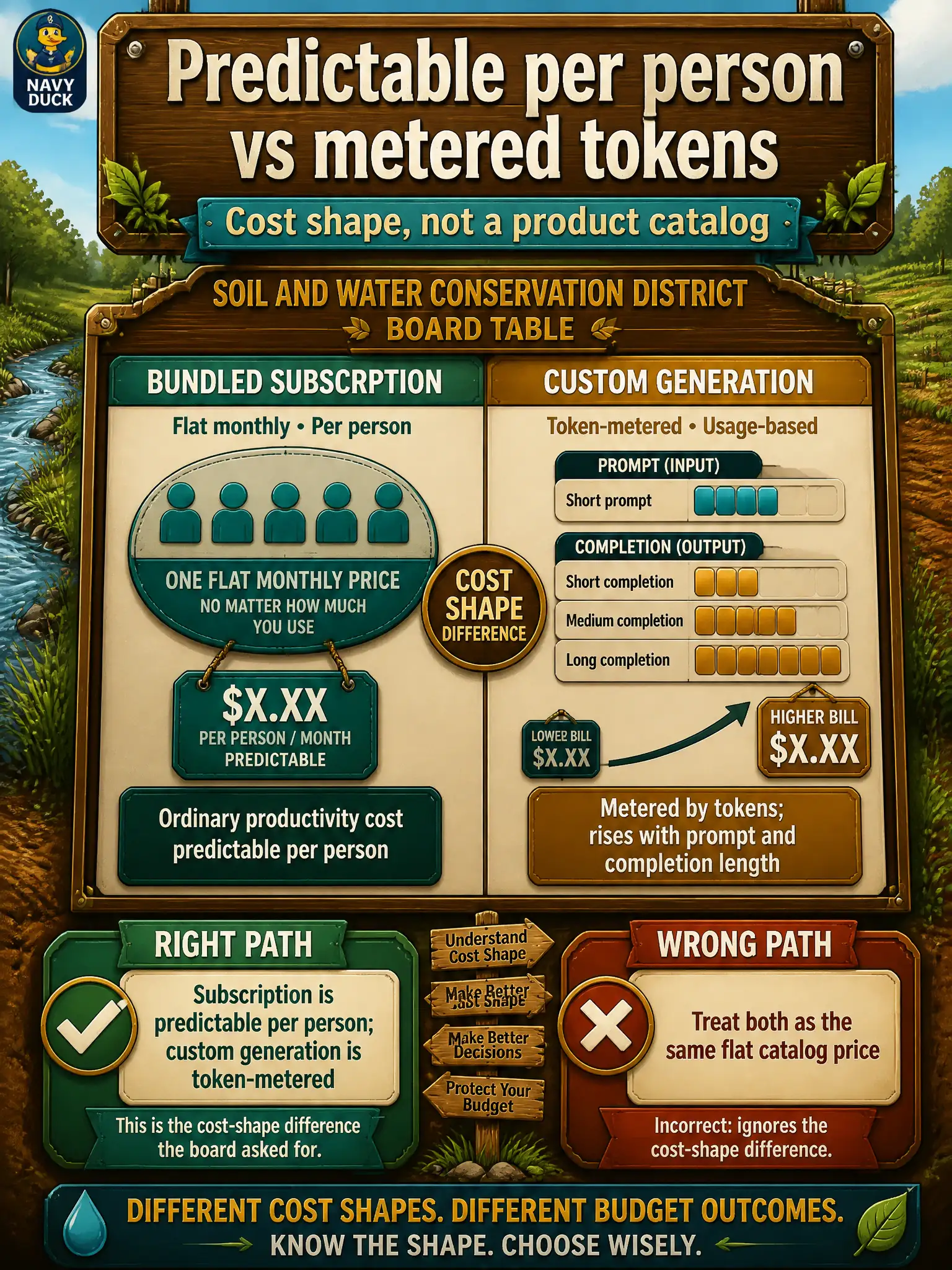 To Create an exciting colorful infographic that explains the concepts in the question: Question: A soil-and-water conservation district compares a predictable per-person productivity subscription with a custom generation path billed on tokens. The board wants the cost-shape difference, not a product catalog. What contrast should the leader give? Correct Answer: A bundled subscription makes ordinary productivity cost predictable per person. Custom generation is metered by tokens and rises with prompt and completion length. Put EVERY visible label in double quotes. No people. No A/B/C/D letters. In one of the four corners put a little "Navy Duck".