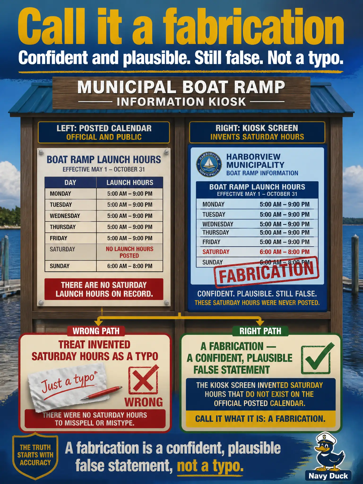 To Create an exciting colorful infographic that explains the concepts in the question: Question: A municipal boat-ramp kiosk lets a model invent “Saturday launch hours” that were never on the posted calendar. The hours sound official. What should the leader call that failure? Correct Answer: A fabrication — a confident, plausible false statement, not a typo. Put EVERY visible label in double quotes. No people. No A/B/C/D letters. In one of the four corners put a little "Navy Duck".