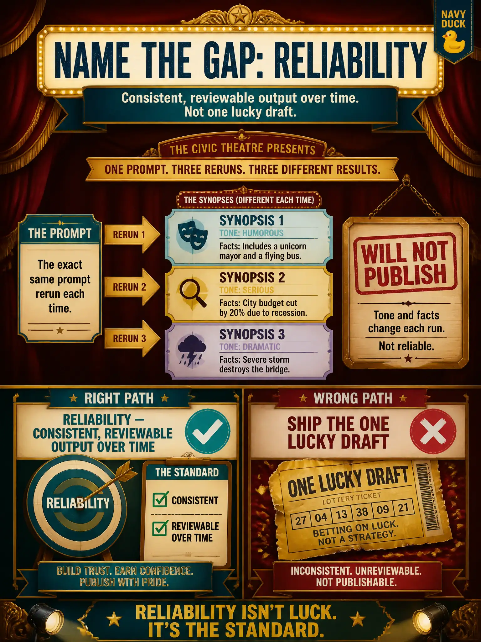 To Create an exciting colorful infographic that explains the concepts in the question: Question: A civic-theatre playbill synopsis changes tone and facts each time staff rerun the same prompt. The board will not publish. What should the leader name as the gap? Correct Answer: Reliability — consistent, reviewable output over time, not one lucky draft. Put EVERY visible label in double quotes. No people. No A/B/C/D letters. In one of the four corners put a little "Navy Duck".
