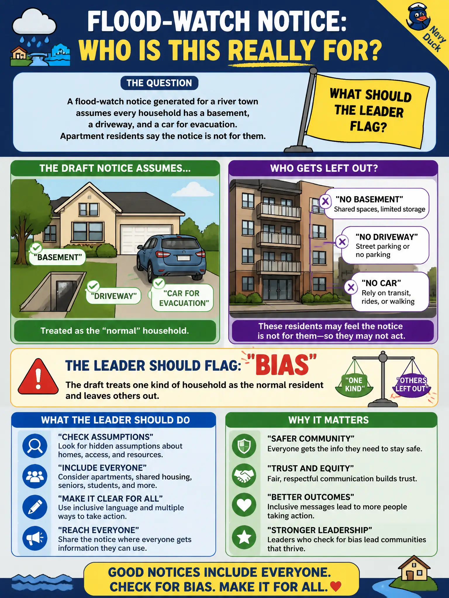 To Create an exciting colorful infographic that explains the concepts in the question: Question: A flood-watch notice generated for a river town assumes every household has a basement, a driveway, and a car for evacuation. Apartment residents say the notice is not for them. What should the leader flag? Correct Answer: Bias — the draft treats one kind of household as the normal resident and leaves others out. Put EVERY visible label in double quotes. No people. No A/B/C/D letters. In one of the four corners put a little "Navy Duck".