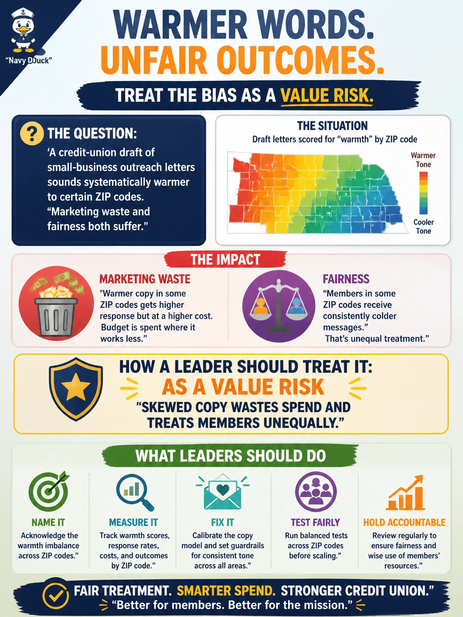 To Create an exciting colorful infographic that explains the concepts in the question: Question: A credit-union draft of small-business outreach letters sounds systematically warmer to certain ZIP codes. Marketing waste and fairness both suffer. How should a leader treat that bias? Correct Answer: As a value risk: skewed copy wastes spend and treats members unequally. Put EVERY visible label in double quotes. No people. No A/B/C/D letters. In one of the four corners put a little "Navy Duck".