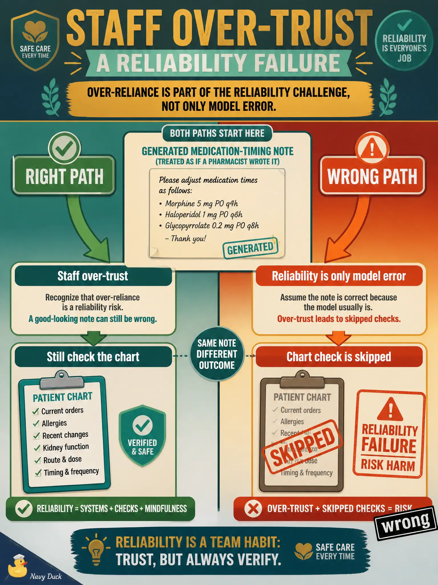 To Create an exciting colorful infographic that explains the concepts in the question: Question: A hospice nurse treats a generated medication-timing note as if a pharmacist wrote it and skips the chart check. What reliability failure should the leader name? Correct Answer: Staff over-trust. Over-reliance is part of the reliability challenge, not only model error. Put EVERY visible label in double quotes. No people. No A/B/C/D letters. In one of the four corners put a little "Navy Duck".