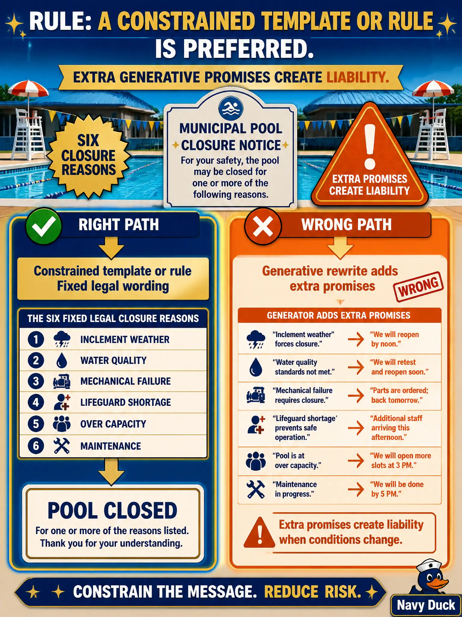 To Create an exciting colorful infographic that explains the concepts in the question: Question: A municipal pool has six closure reasons with fixed legal wording. A generative rewrite keeps adding extra promises such as “we will reopen by noon.” What should the leader prefer? Correct Answer: A constrained template or rule. Extra generative promises create liability. Put EVERY visible label in double quotes. No people. No A/B/C/D letters. In one of the four corners put a little "Navy Duck".