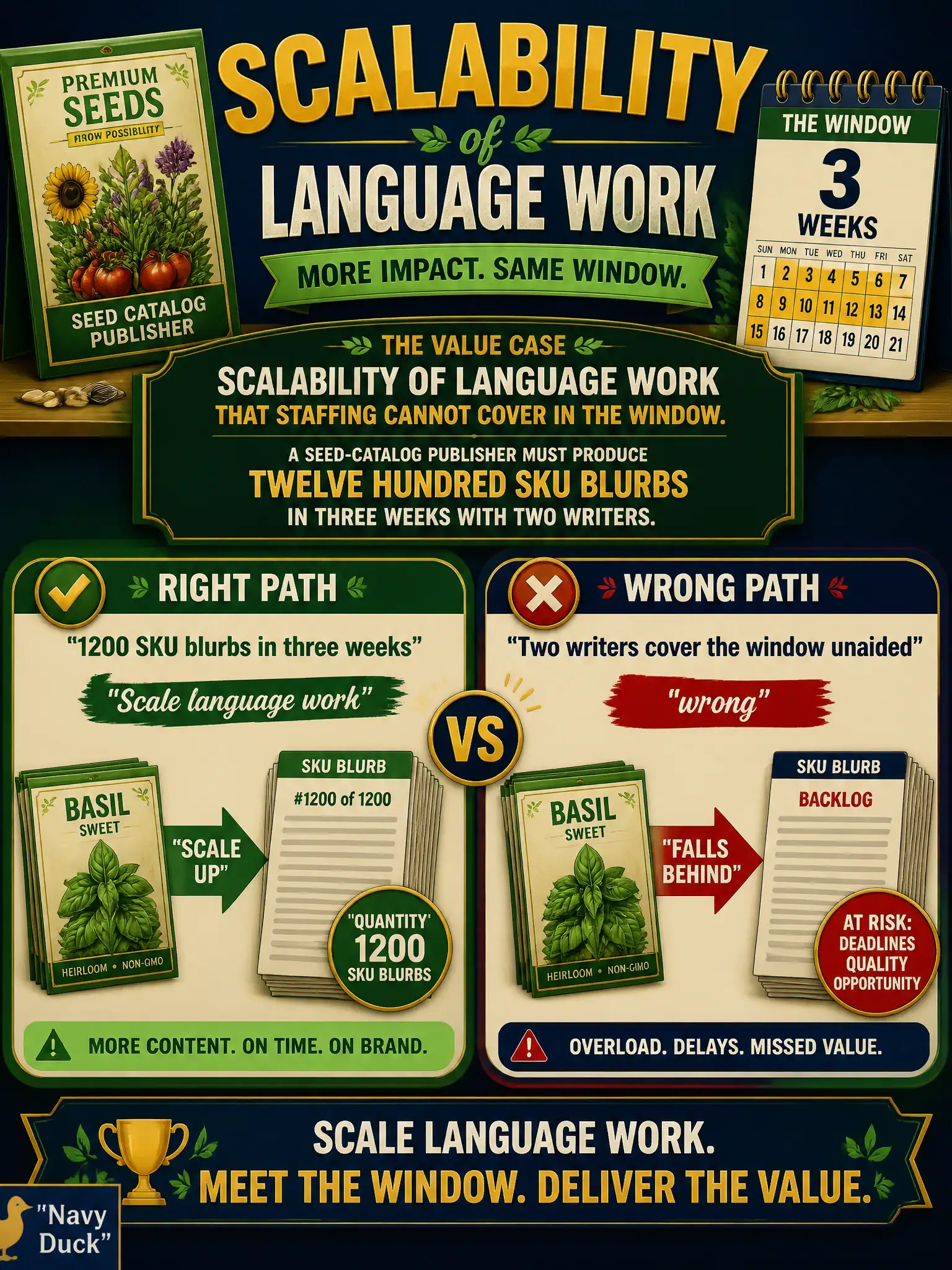 To Create an exciting colorful infographic that explains the concepts in the question: Question: A seed-catalog publisher must produce twelve hundred SKU blurbs in three weeks with two writers. What value case should the leader see? Correct Answer: Scalability of language work that staffing cannot cover in the window. Put EVERY visible label in double quotes. No people. No A/B/C/D letters. In one of the four corners put a little "Navy Duck".
