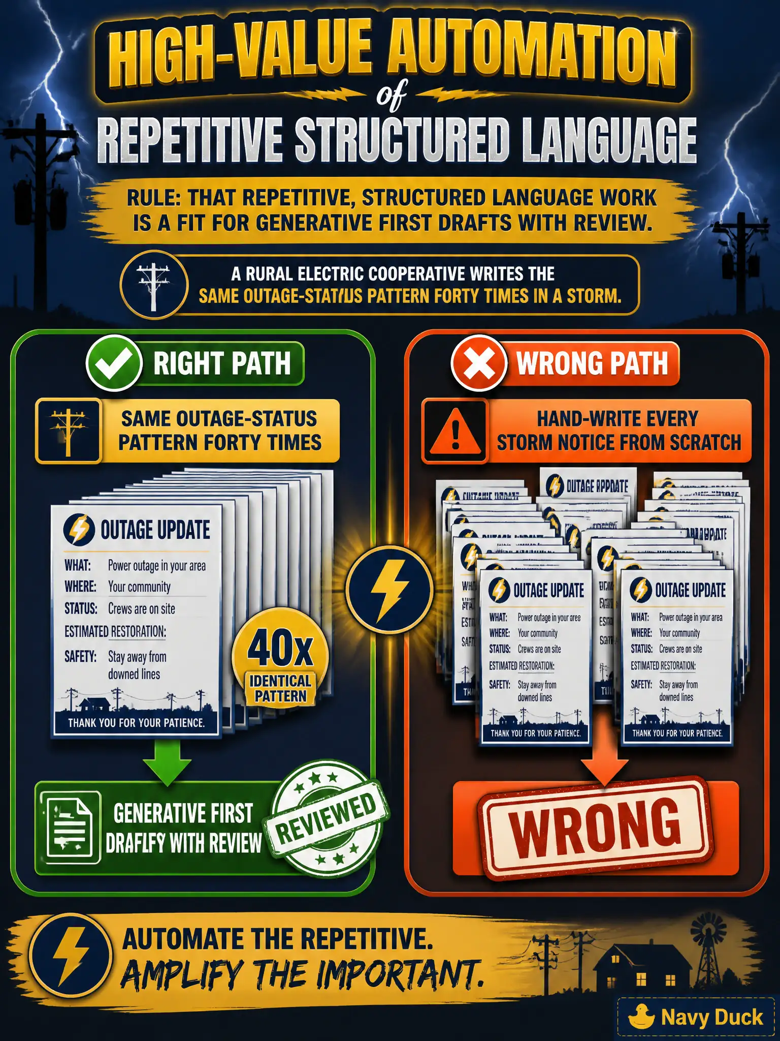 To Create an exciting colorful infographic that explains the concepts in the question: Question: A rural electric cooperative writes the same outage-status pattern forty times in a storm. What should the leader mark as high-value automation? Correct Answer: That repetitive, structured language work. It is a fit for generative first drafts with review. Put EVERY visible label in double quotes. No people. No A/B/C/D letters. In one of the four corners put a little "Navy Duck".