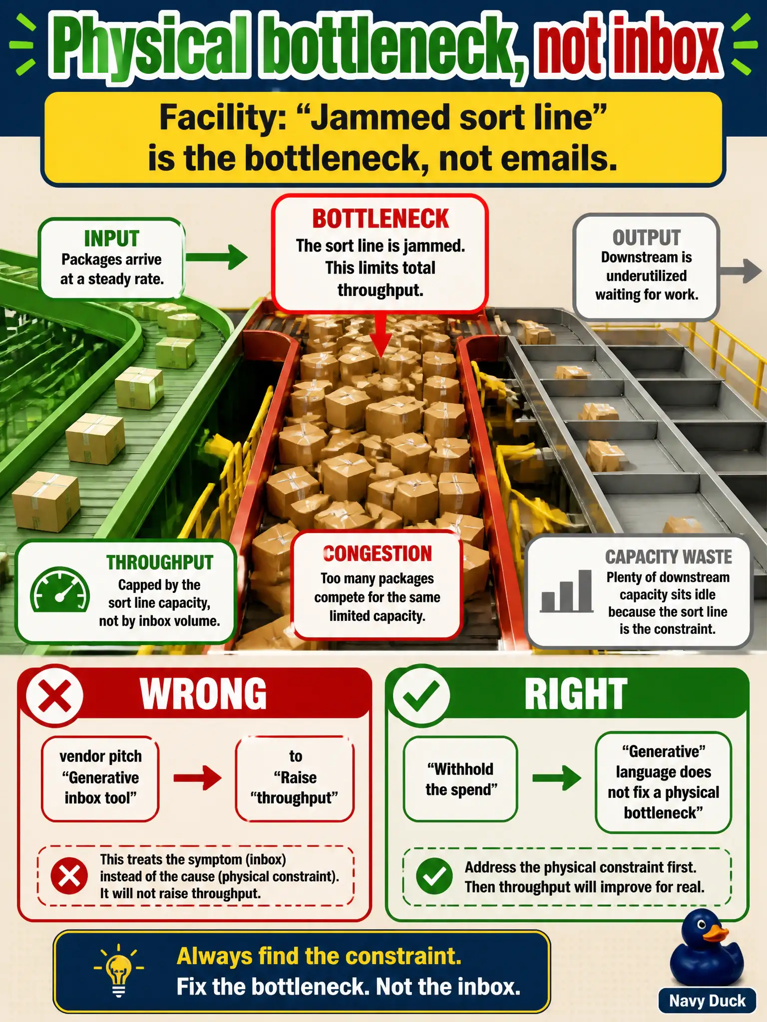 To Create an exciting colorful infographic that explains the concepts in the question: Question: A municipal recycling facility’s bottleneck is a jammed sort line, not emails. A vendor pitches a generative inbox tool to raise throughput. What should the leader do? Correct Answer: Withhold the spend. Generative language does not fix a physical bottleneck. Put EVERY visible label in double quotes. No people. No A/B/C/D letters. In one of the four corners put a little "Navy Duck".
