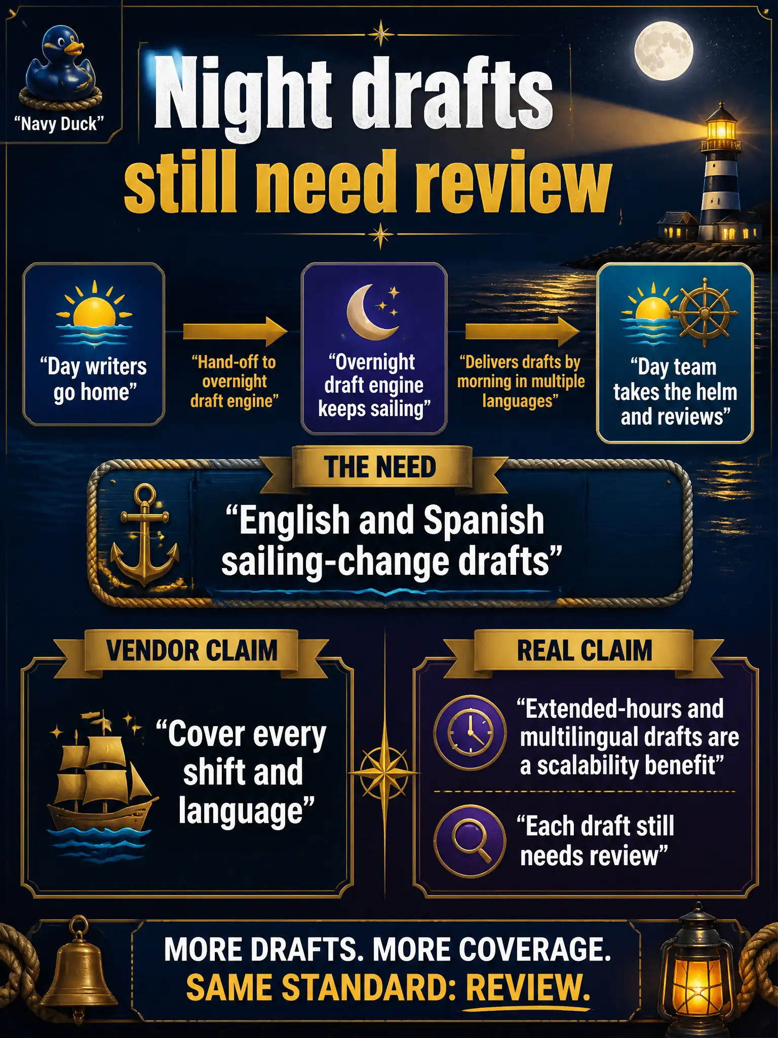 To Create an exciting colorful infographic that explains the concepts in the question: Question: A ferry-terminal night window still needs English and Spanish sailing-change drafts after the day writers go home. A vendor says generative drafting will cover every shift and language. What should the leader treat as the real scalability claim? Correct Answer: Extended-hours and multilingual drafts are a scalability benefit, and each draft still needs review. Put EVERY visible label in double quotes. No people. No A/B/C/D letters. In one of the four corners put a little "Navy Duck".