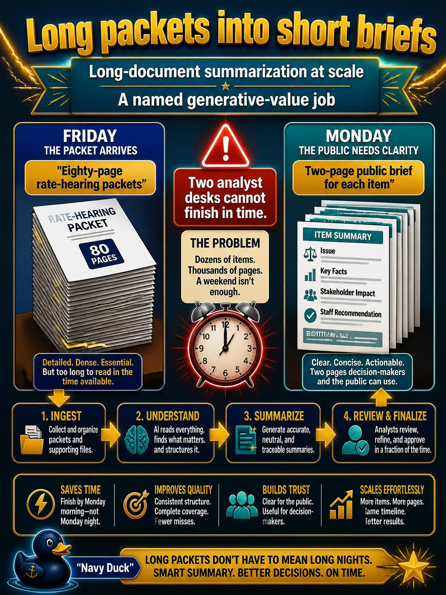 To Create an exciting colorful infographic that explains the concepts in the question: Question: A rural electric-coop board receives eighty-page rate-hearing packets the Friday before every meeting. Two analysts cannot write a two-page public brief for each item by Monday. What business-value case is this? Correct Answer: Long-document summarization at scale — a named generative-value job of turning long packets into short briefs. Put EVERY visible label in double quotes. No people. No A/B/C/D letters. In one of the four corners put a little "Navy Duck".