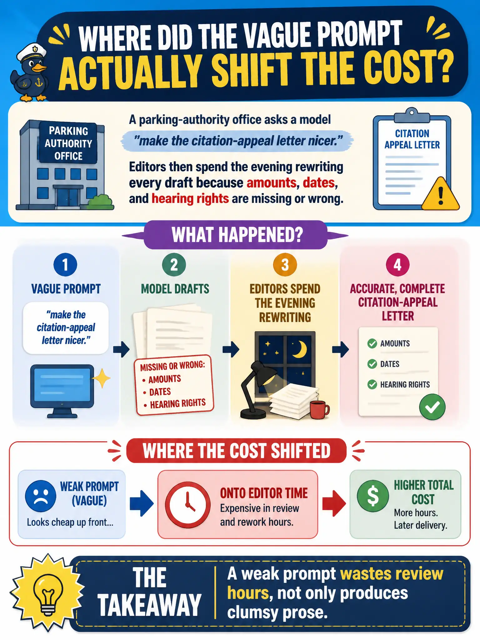 To Create an exciting colorful infographic that explains the concepts in the question: Question: A parking-authority office asks a model to “make the citation-appeal letter nicer.” Editors then spend the evening rewriting every draft because amounts, dates, and hearing rights are missing or wrong. Where did the vague prompt actually shift the cost? Correct Answer: Onto editor time. A weak prompt wastes review hours, not only produces clumsy prose. Put EVERY visible label in double quotes. No people. No A/B/C/D letters. In one of the four corners put a little "Navy Duck".