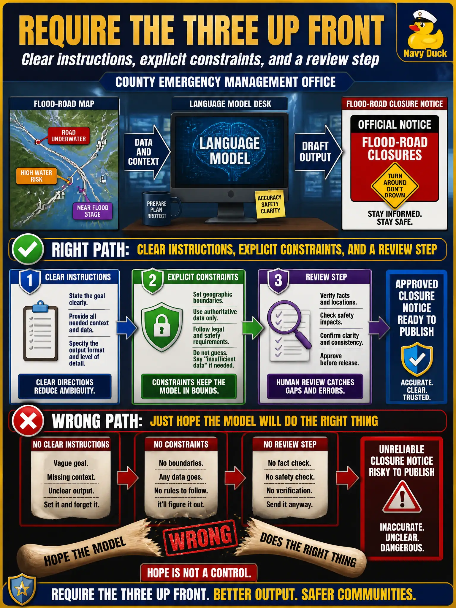 To Create an exciting colorful infographic that explains the concepts in the question: Question: A county emergency-management office is about to let staff draft flood-road closures with a language model. What must the leader require up front? Correct Answer: Clear instructions, explicit constraints, and a review step — not a hope that the model will do the right thing. Put EVERY visible label in double quotes. No people. No A/B/C/D letters. In one of the four corners put a little "Navy Duck".