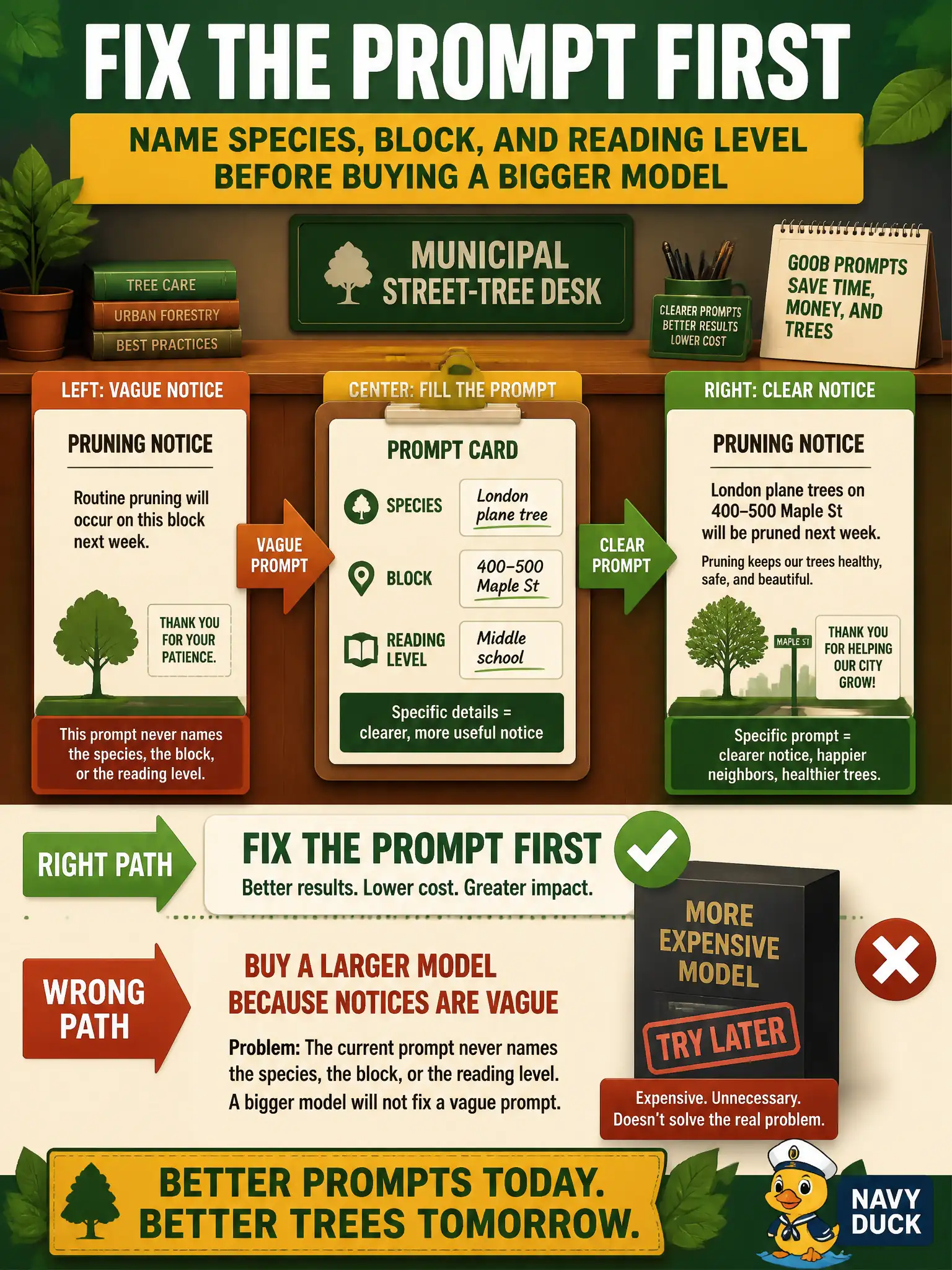 To Create an exciting colorful infographic that explains the concepts in the question: Question: A municipal street-tree desk wants a more expensive model because pruning notices come back vague. The current prompt never names the species, the block, or the reading level. What should the leader try first? Correct Answer: Fix the prompt first. Naming species, block, and reading level is cheaper than buying a larger model. Put EVERY visible label in double quotes. No people. No A/B/C/D letters. In one of the four corners put a little "Navy Duck".