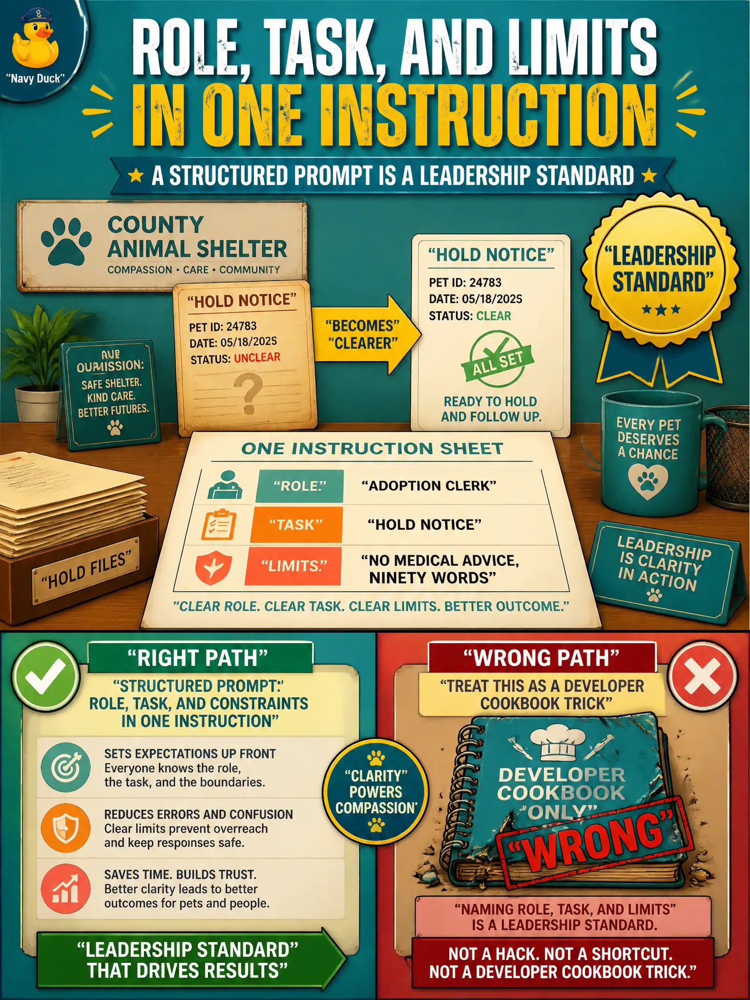 To Create an exciting colorful infographic that explains the concepts in the question: Question: A county animal-shelter desk gets clearer hold-notices when the instruction names the role (adoption clerk), the task (hold notice), and the limits (no medical advice, ninety words). What should a leader recognize? Correct Answer: A structured prompt: role, task, and constraints in one instruction — a leadership standard, not a developer cookbook. Put EVERY visible label in double quotes. No people. No A/B/C/D letters. In one of the four corners put a little "Navy Duck".