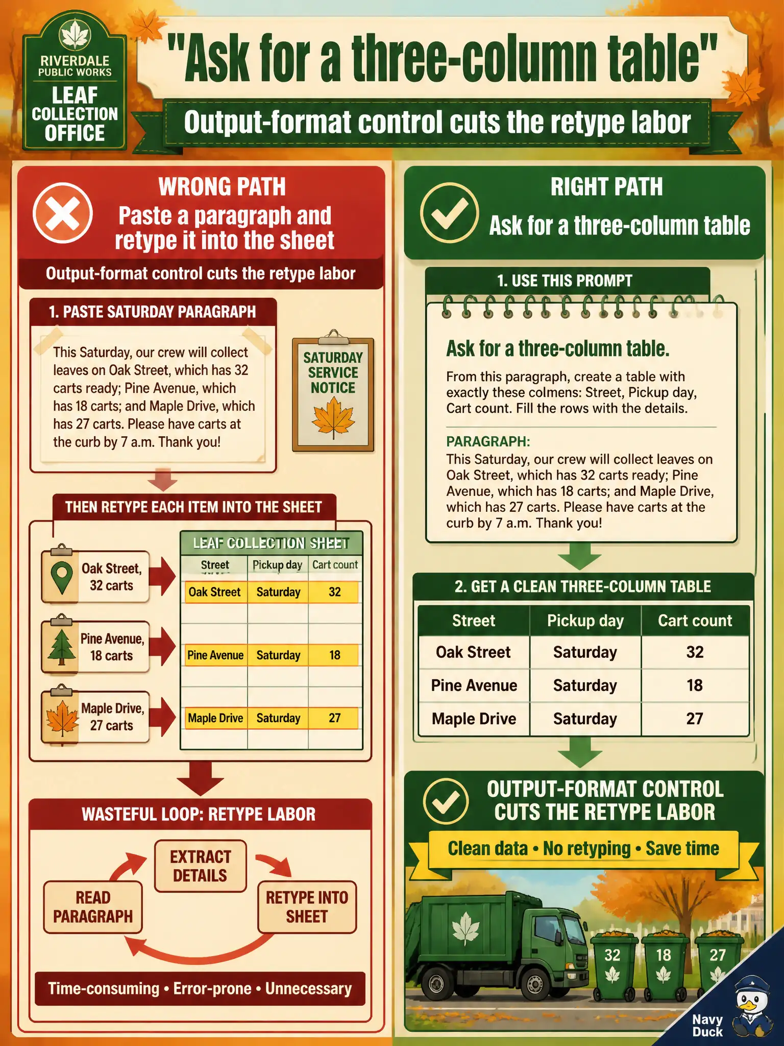 To Create an exciting colorful infographic that explains the concepts in the question: Question: A municipal leaf-collection office needs street, pickup day, and cart count for Saturday. Staff paste a paragraph and then retype it into a sheet. What should the leader require in the prompt? Correct Answer: Ask for a three-column table. Output-format control cuts the retype labor. Put EVERY visible label in double quotes. No people. No A/B/C/D letters. In one of the four corners put a little "Navy Duck".