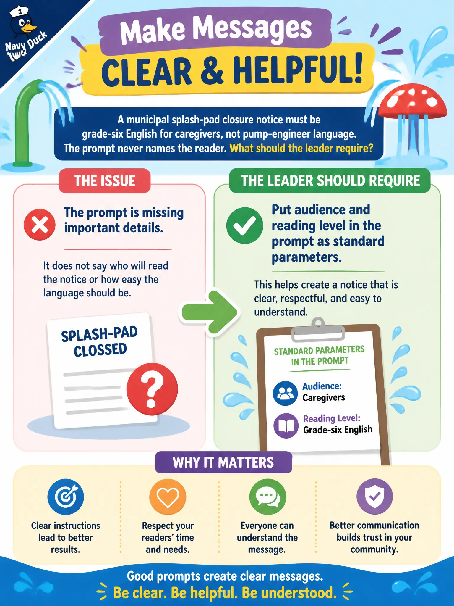 To Create an exciting colorful infographic that explains the concepts in the question: Question: A municipal splash-pad closure notice must be grade-six English for caregivers, not pump-engineer language. The prompt never names the reader. What should the leader require? Correct Answer: Put audience and reading level in the prompt as standard parameters. Put EVERY visible label in double quotes. No people. No A/B/C/D letters. In one of the four corners put a little "Navy Duck".