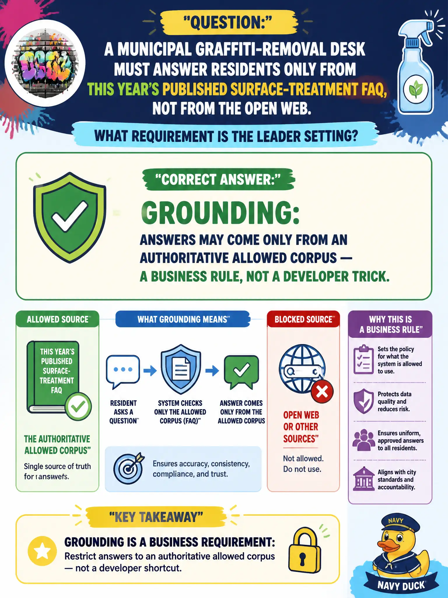 To Create an exciting colorful infographic that explains the concepts in the question: Question: A municipal graffiti-removal desk must answer residents only from this year’s published surface-treatment FAQ, not from the open web. What requirement is the leader setting? Correct Answer: Grounding: answers may come only from an authoritative allowed corpus — a business rule, not a developer trick. Put EVERY visible label in double quotes. No people. No A/B/C/D letters. In one of the four corners put a little "Navy Duck".