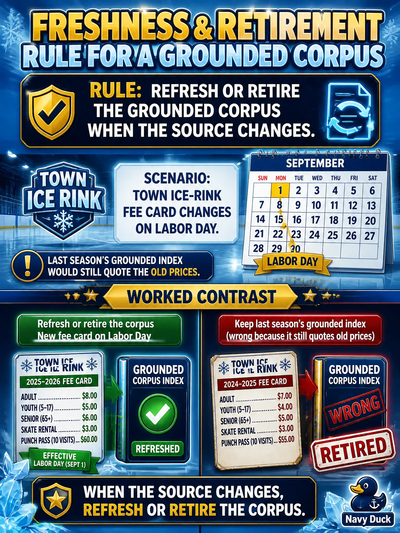 To Create an exciting colorful infographic that explains the concepts in the question: Question: A town ice-rink fee card changes on Labor Day. Last season’s grounded index would still quote the old prices. What must the leader require? Correct Answer: A freshness and retirement rule: refresh or retire the grounded corpus when the source changes. Put EVERY visible label in double quotes. No people. No A/B/C/D letters. In one of the four corners put a little "Navy Duck".