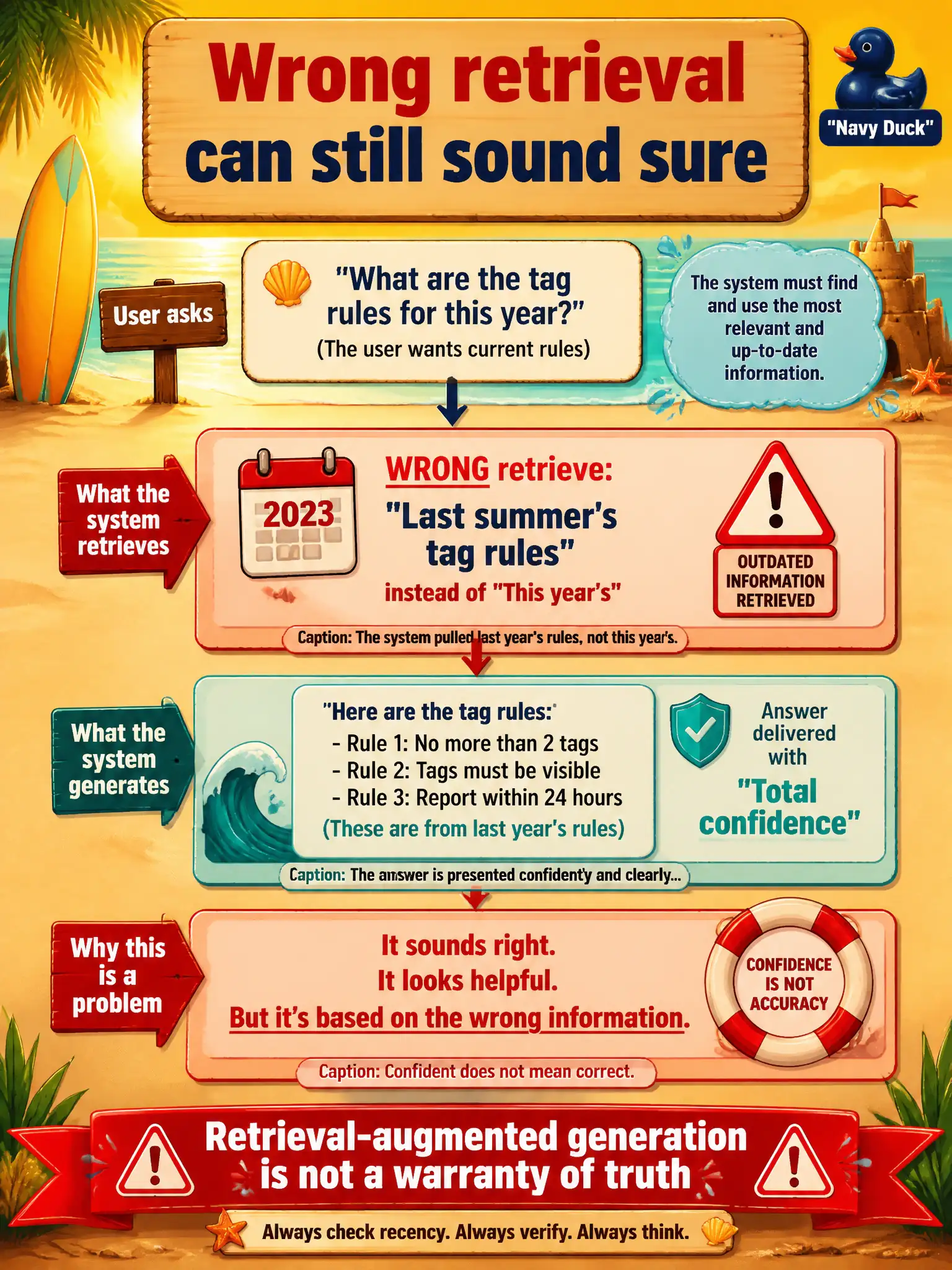 To Create an exciting colorful infographic that explains the concepts in the question: Question: A beach-tag office retrieves last summer’s tag rules instead of this year’s and answers a resident with total confidence. What should the leader conclude? Correct Answer: Wrong retrieval can still sound sure; retrieval-augmented generation is not a warranty of truth. Put EVERY visible label in double quotes. No people. No A/B/C/D letters. In one of the four corners put a little "Navy Duck".
