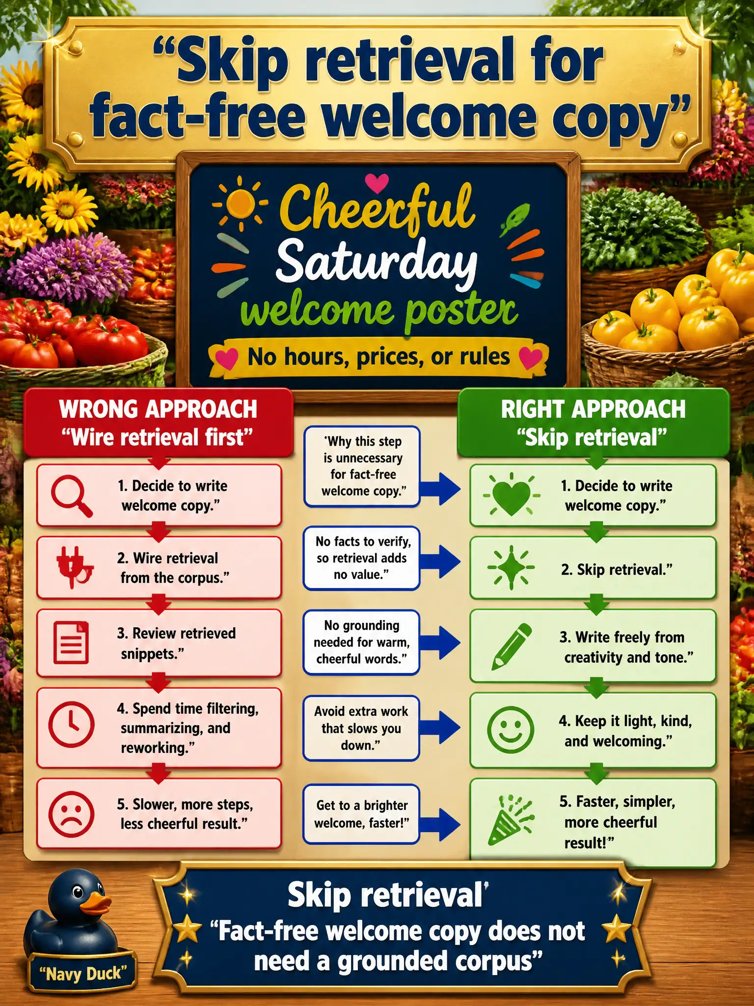 To Create an exciting colorful infographic that explains the concepts in the question: Question: A farmers-market coordinator needs a cheerful Saturday welcome poster with no hours, prices, or rules. A vendor insists on wiring retrieval first. What should the leader do? Correct Answer: Skip retrieval. Fact-free welcome copy does not need a grounded corpus. Put EVERY visible label in double quotes. No people. No A/B/C/D letters. In one of the four corners put a little "Navy Duck".