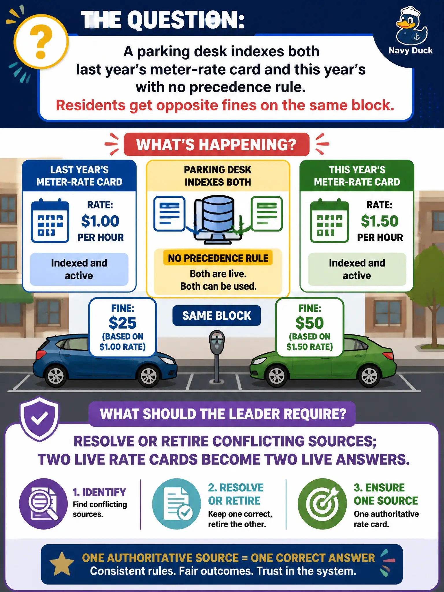 To Create an exciting colorful infographic that explains the concepts in the question: Question: A parking desk indexes both last year’s meter-rate card and this year’s with no precedence rule. Residents get opposite fines on the same block. What should the leader require? Correct Answer: Resolve or retire conflicting sources; two live rate cards become two live answers. Put EVERY visible label in double quotes. No people. No A/B/C/D letters. In one of the four corners put a little "Navy Duck".