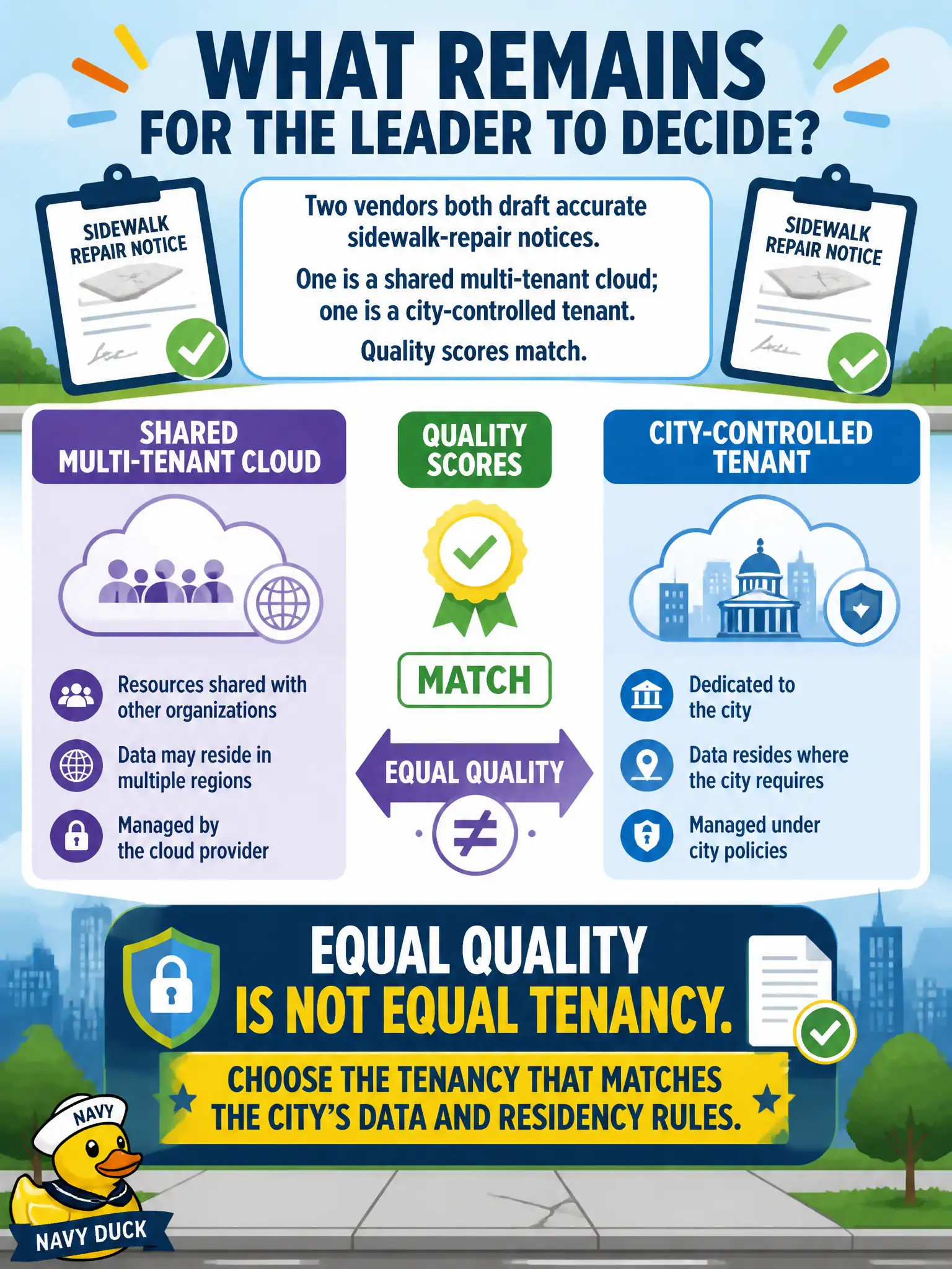To Create an exciting colorful infographic that explains the concepts in the question: Question: Two vendors both draft accurate sidewalk-repair notices. One is a shared multi-tenant cloud; one is a city-controlled tenant. Quality scores match. What remains for the leader to decide? Correct Answer: Equal quality is not equal tenancy. Choose the tenancy that matches the city’s data and residency rules. Put EVERY visible label in double quotes. No people. No A/B/C/D letters. In one of the four corners put a little "Navy Duck".