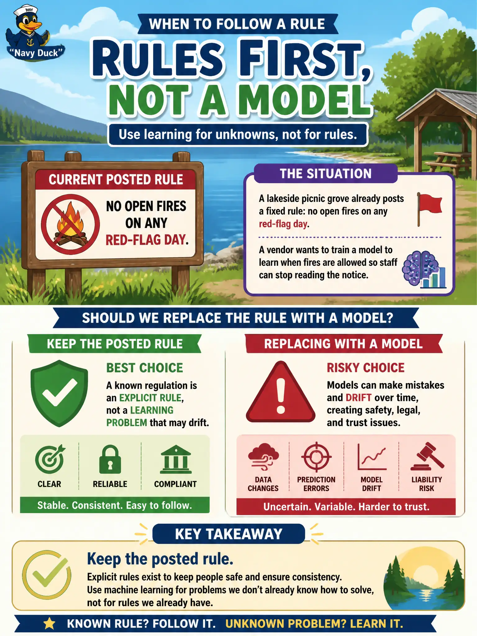 To Create an exciting colorful infographic that explains the concepts in the question: Question: A lakeside picnic grove already posts a fixed rule: no open fires on any red-flag day. A vendor wants to train a model to learn when fires are allowed so staff can stop reading the notice. What should the leader prefer? Correct Answer: Keep the posted rule. A known regulation is an explicit rule, not a learning problem that may drift. Put EVERY visible label in double quotes. No people. No A/B/C/D letters. In one of the four corners put a little "Navy Duck".