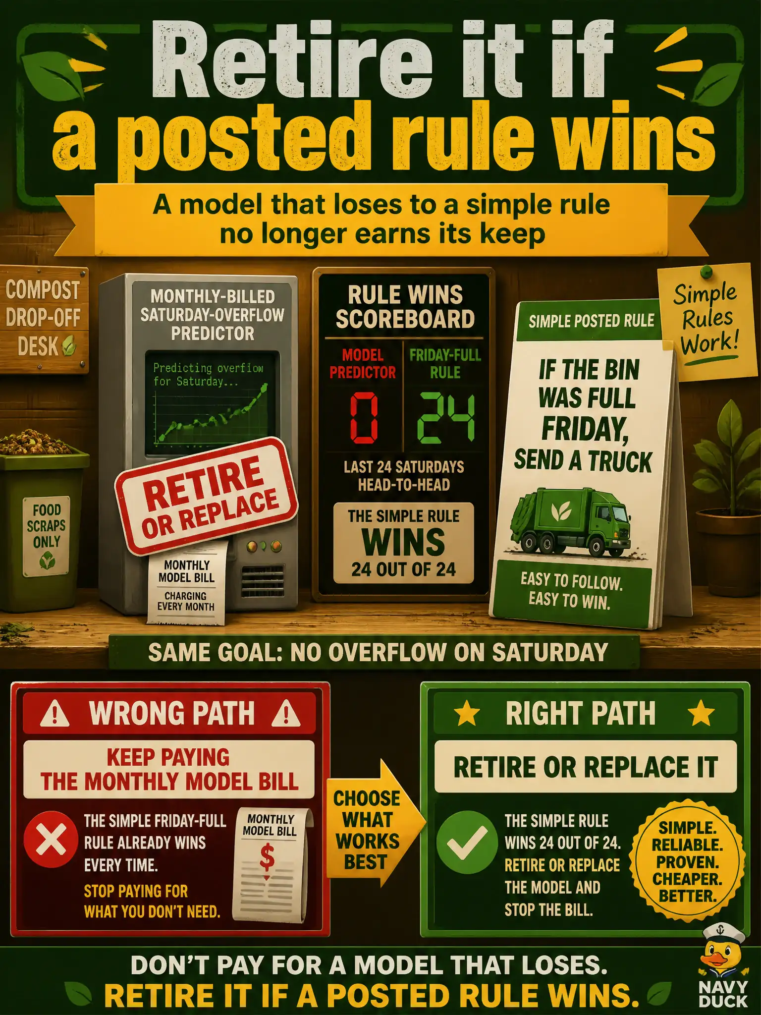 To Create an exciting colorful infographic that explains the concepts in the question: Question: A compost-drop-off desk’s Saturday-overflow predictor now loses to a simple posted rule: if the bin was full Friday, send a truck. The model still bills every month. What should the leader do? Correct Answer: Retire or replace it. A model that loses to a simple rule no longer earns its keep. Put EVERY visible label in double quotes. No people. No A/B/C/D letters. In one of the four corners put a little "Navy Duck".