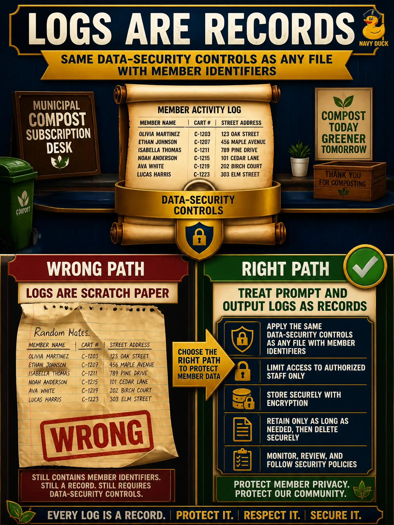 To Create an exciting colorful infographic that explains the concepts in the question: Question: A municipal compost-subscription desk keeps prompt and output logs that still show member names, cart numbers, and street addresses. A clerk says logs are scratch paper, not records. What should the leader require? Correct Answer: Treat prompt and output logs as records — apply the same data-security controls you would apply to any file that holds member identifiers. Put EVERY visible label in double quotes. No people. No A/B/C/D letters. In one of the four corners put a little "Navy Duck".