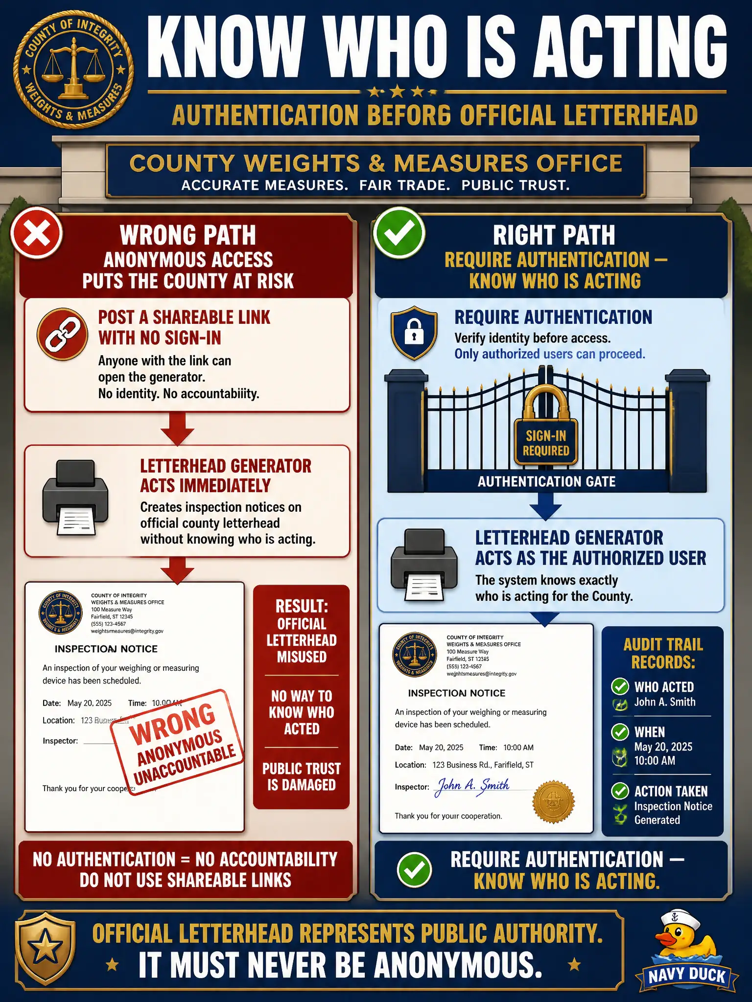 To Create an exciting colorful infographic that explains the concepts in the question: Question: A county weights-and-measures office posts a shareable link that generates inspection notices on official letterhead. The link does not ask anyone to sign in. What should the leader require before that generator can act in the office’s name? Correct Answer: Require authentication — a generator that writes on official letterhead must know who is acting, not an anonymous shareable link. Put EVERY visible label in double quotes. No people. No A/B/C/D letters. In one of the four corners put a little "Navy Duck".