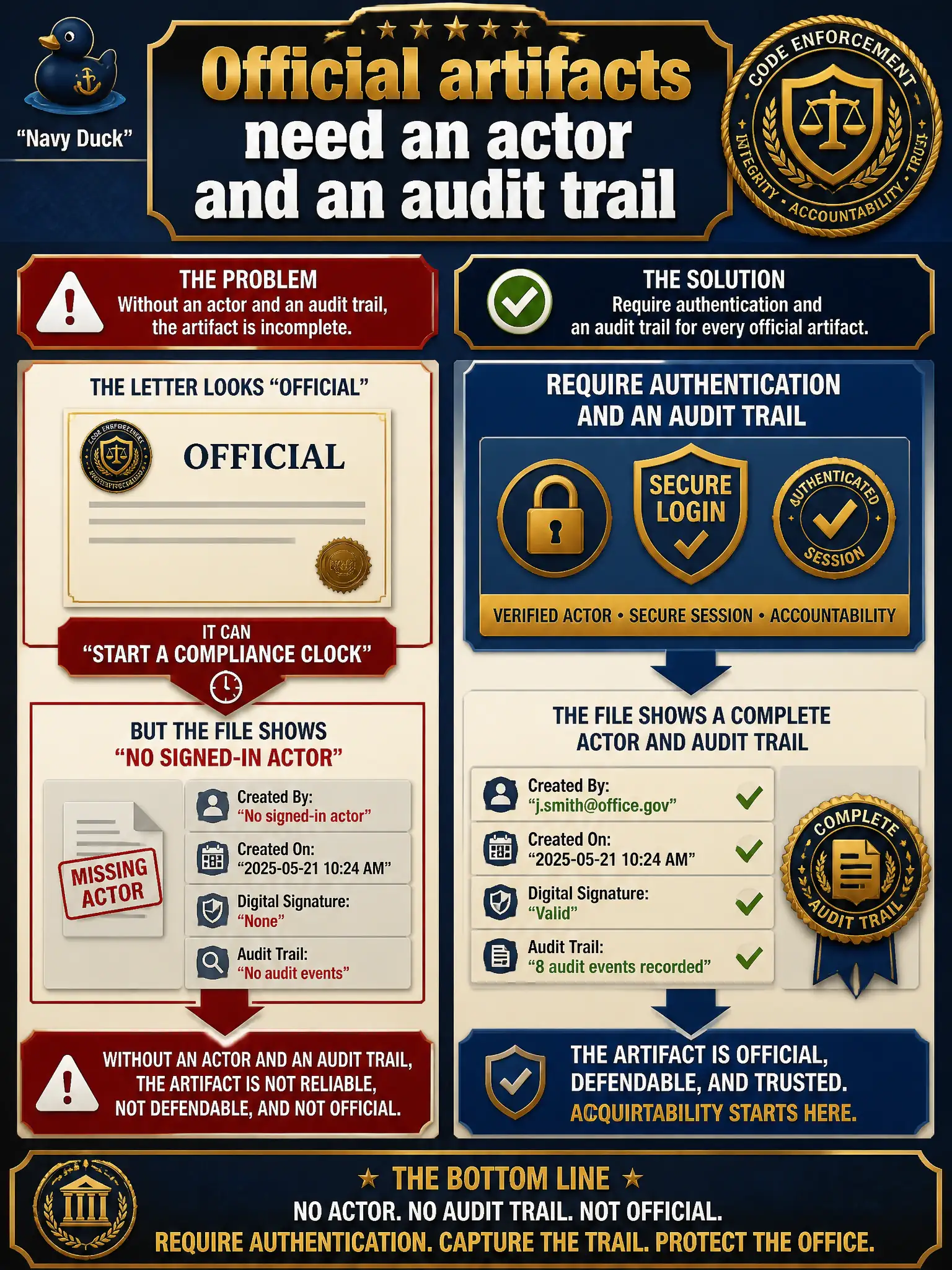 To Create an exciting colorful infographic that explains the concepts in the question: Question: A city code-enforcement desk can generate a correction letter that looks official and can start a compliance clock, but the file shows no signed-in actor. What should the leader require? Correct Answer: Require authentication and an audit trail — if a generated artifact looks official or can trigger action, the office must know who produced it. Put EVERY visible label in double quotes. No people. No A/B/C/D letters. In one of the four corners put a little "Navy Duck".