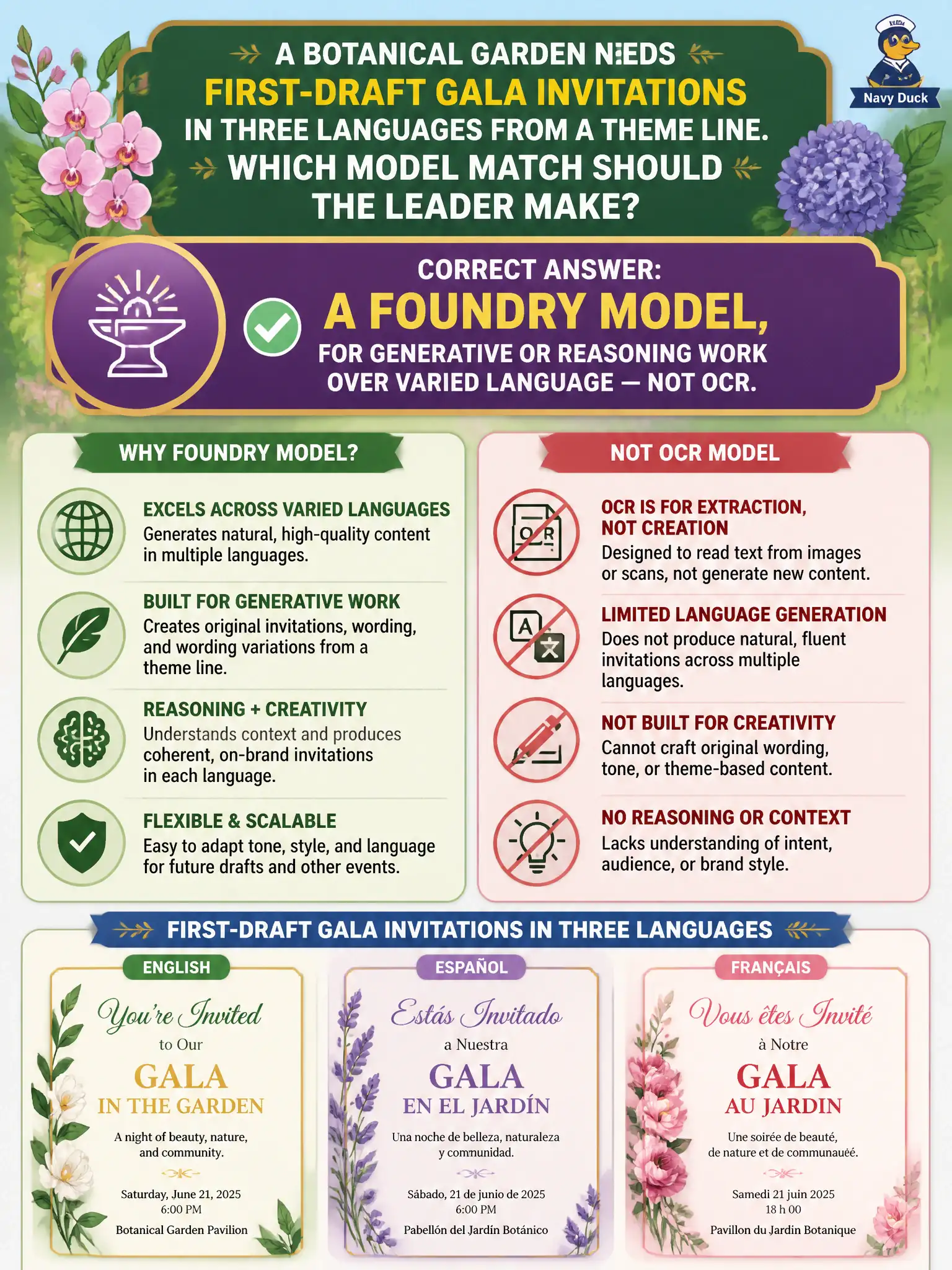 To Create an exciting colorful infographic that explains the concepts in the question: Question: A botanical garden needs first-draft gala invitations in three languages from a theme line. Which model match should the leader make? Correct Answer: A Foundry Model, for generative or reasoning work over varied language — not OCR. Put EVERY visible label in double quotes. No people. No A/B/C/D letters. In one of the four corners put a little "Navy Duck".