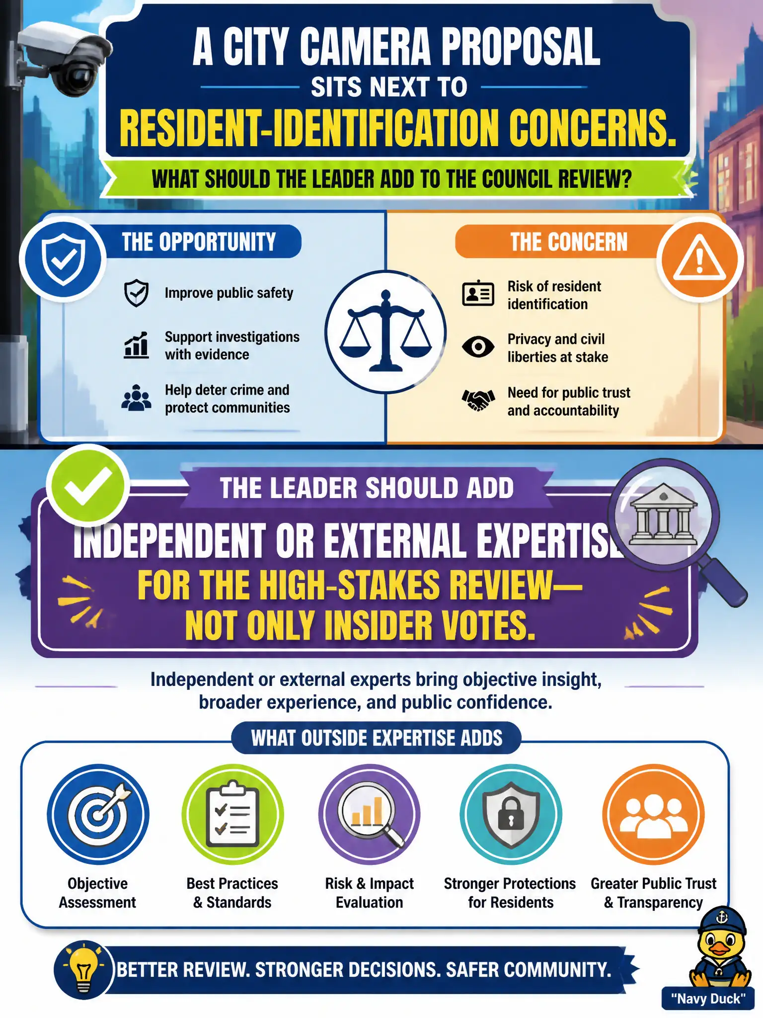 To Create an exciting colorful infographic that explains the concepts in the question: Question: A city camera proposal sits next to resident-identification concerns. What should the leader add to the council review? Correct Answer: Independent or external expertise for the high-stakes review — not only insider votes. Do not invent a product or vendor. Put EVERY visible label in double quotes. No people. No A/B/C/D letters. In one of the four corners put a little "Navy Duck".
