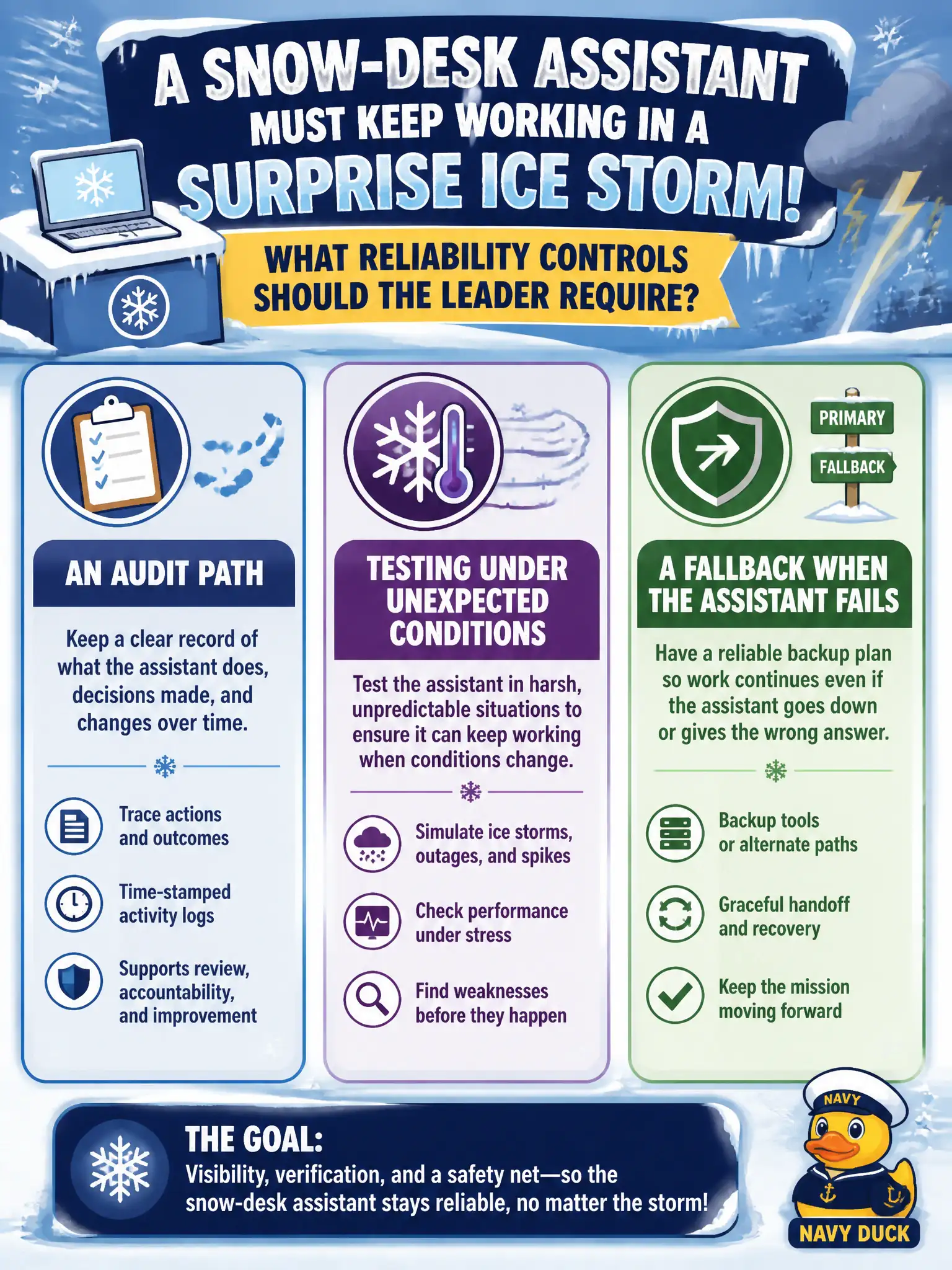 To Create an exciting colorful infographic that explains the concepts in the question: Question: A snow-desk assistant must keep working in a surprise ice storm. What reliability controls should the leader require? Correct Answer: An audit path, testing under unexpected conditions, and a fallback when the assistant fails. Put EVERY visible label in double quotes. No people. No A/B/C/D letters. In one of the four corners put a little "Navy Duck".