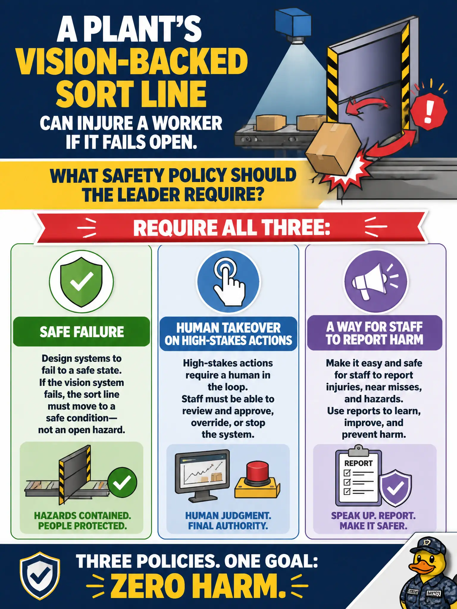 To Create an exciting colorful infographic that explains the concepts in the question: Question: A plant’s Vision-backed sort line can injure a worker if it fails open. What safety policy should the leader require? Correct Answer: Safe failure, a human takeover on high-stakes actions, and a way for staff to report harm. Put EVERY visible label in double quotes. No people. No A/B/C/D letters. In one of the four corners put a little "Navy Duck".