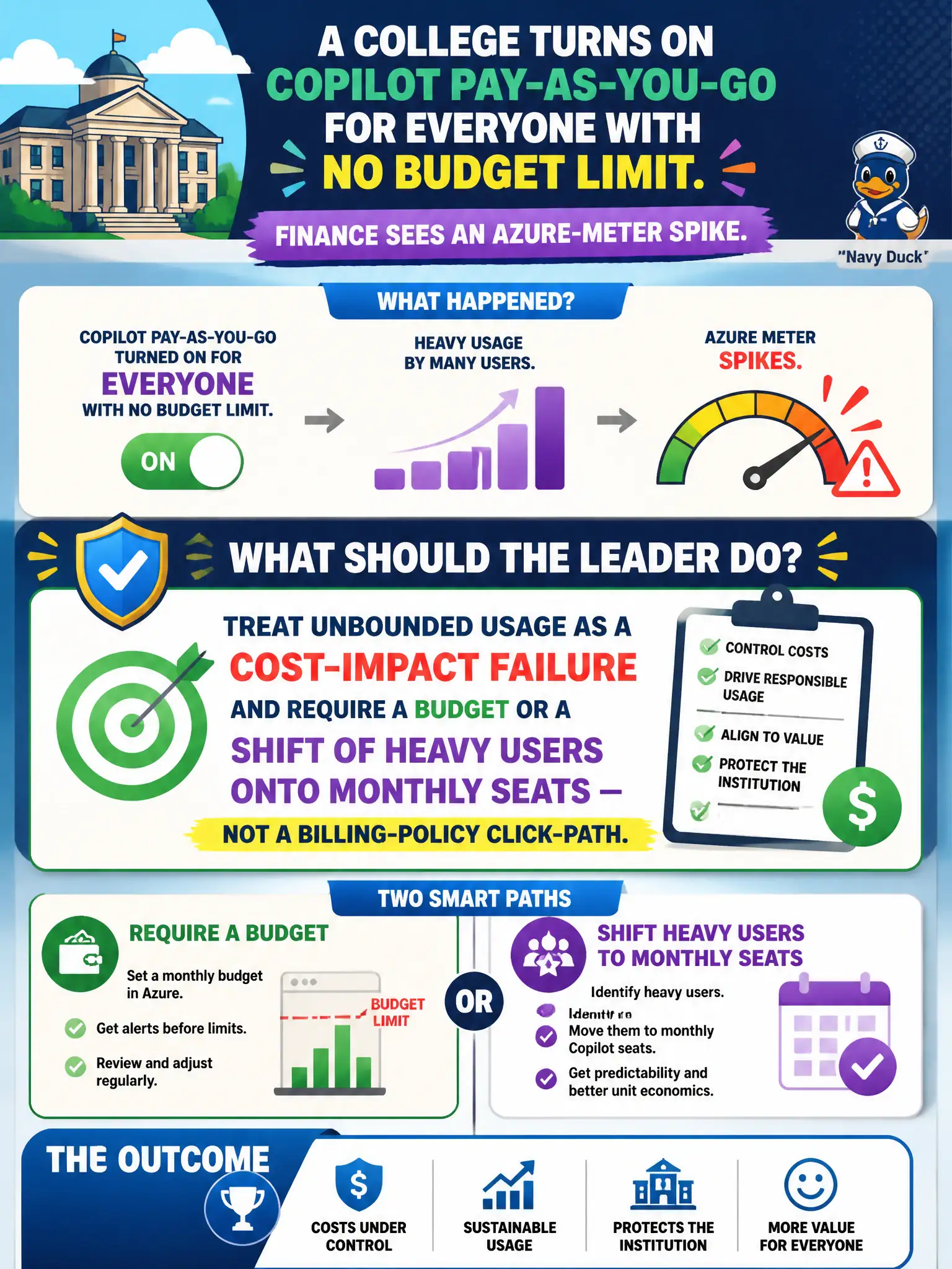 To Create an exciting colorful infographic that explains the concepts in the question: Question: A college turns on Copilot pay-as-you-go for everyone with no budget limit. Finance sees an Azure-meter spike. What should the leader do? Correct Answer: Treat unbounded usage as a cost-impact failure and require a budget or a shift of heavy users onto monthly seats — not a billing-policy click-path. Put EVERY visible label in double quotes. No people. No A/B/C/D letters. In one of the four corners put a little "Navy Duck".