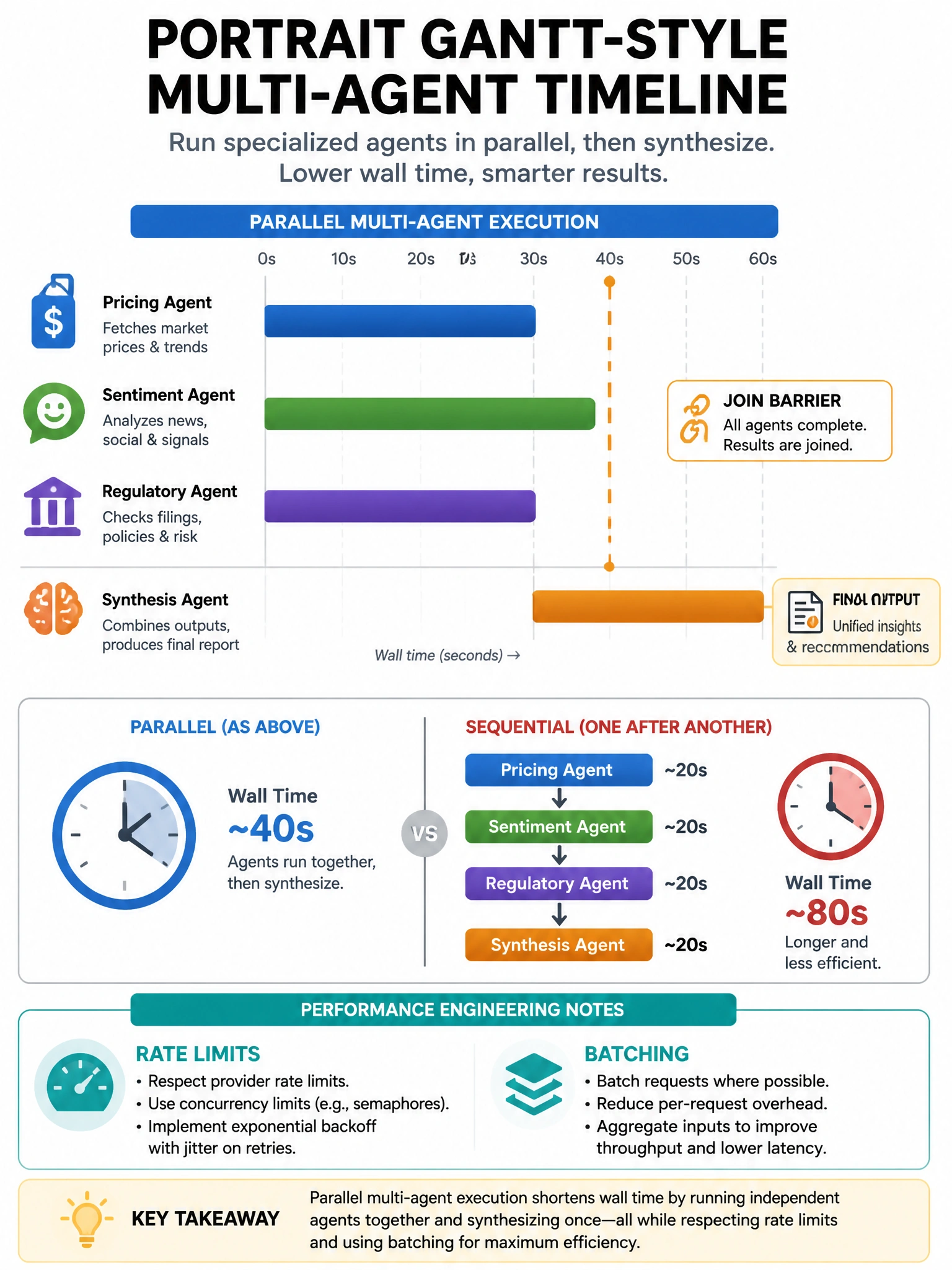 Portrait Gantt-style multi-agent timeline. Three parallel bars: Pricing, Sentiment, Regulatory. Join barrier. Then Synthesis agent bar. Clock icon showing shorter wall time vs sequential stack. Notes: rate limits, batching. Clean performance engineering infographic.