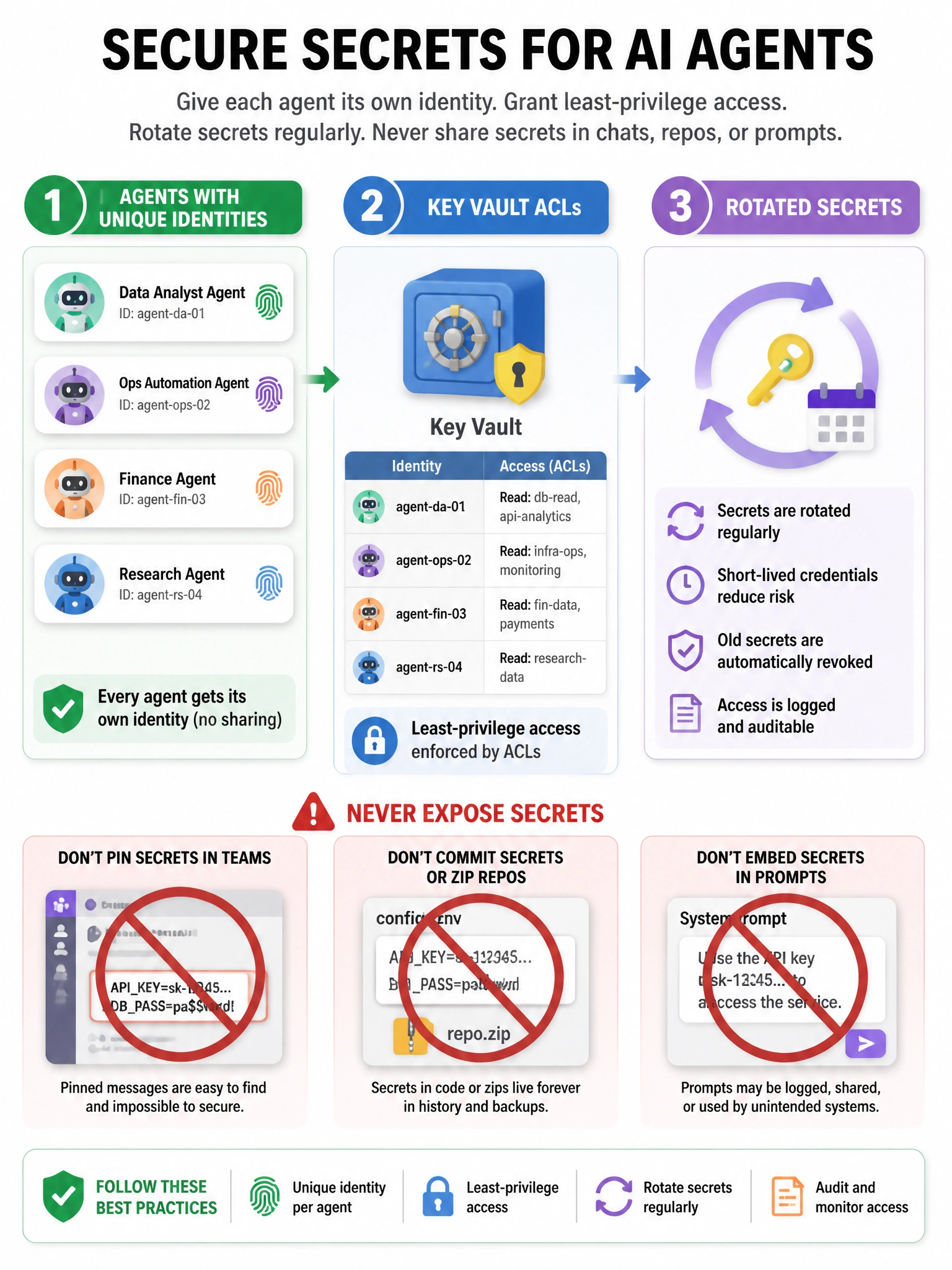 Portrait: agents with unique identities → Key Vault ACLs → rotated secrets; red ban icons on Teams pins, git zips, and prompt-embedded secrets.