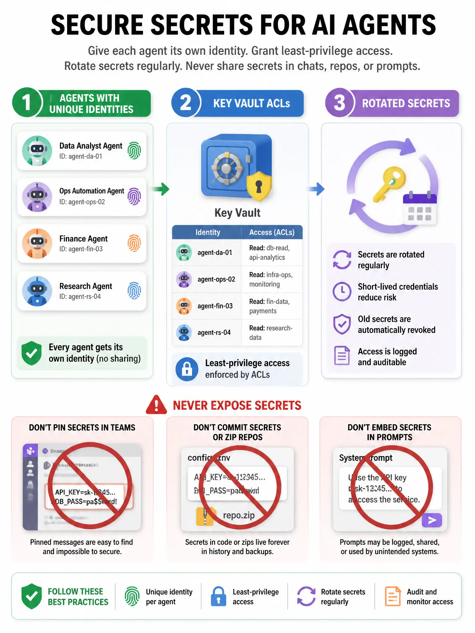 Portrait: agents with unique identities → Key Vault ACLs → rotated secrets; red ban icons on Teams pins, git zips, and prompt-embedded secrets.