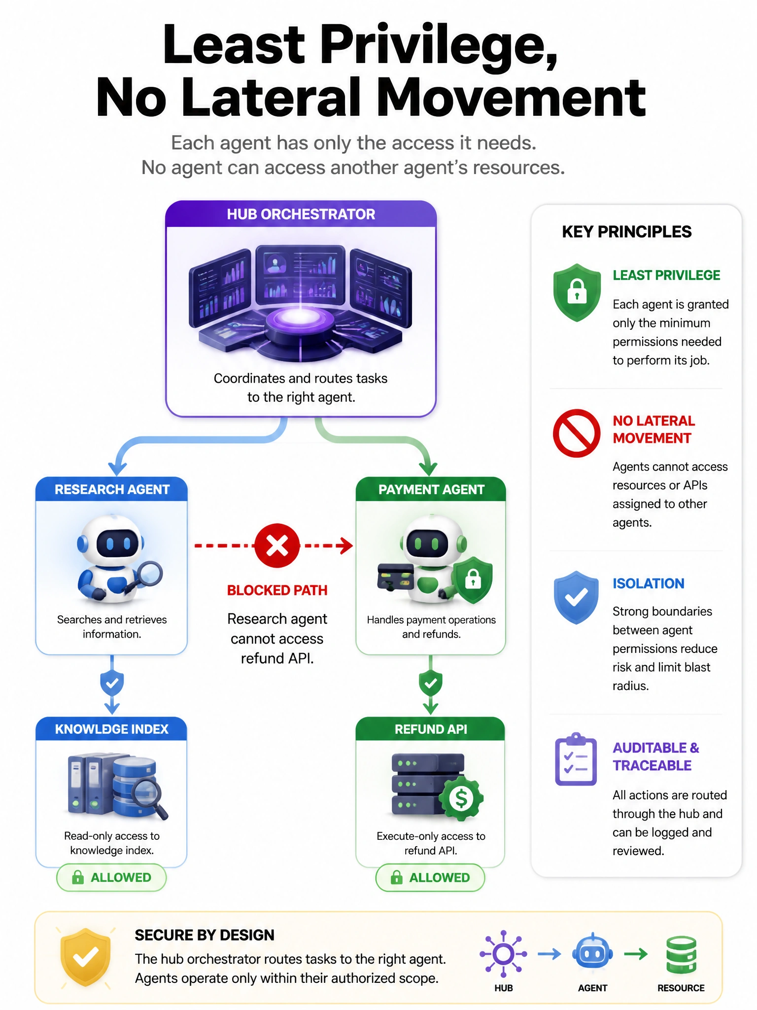 Portrait: hub orchestrator; research agent → knowledge index only; payment agent → refund API; red blocked path research→refund. Labels least privilege / no lateral movement.