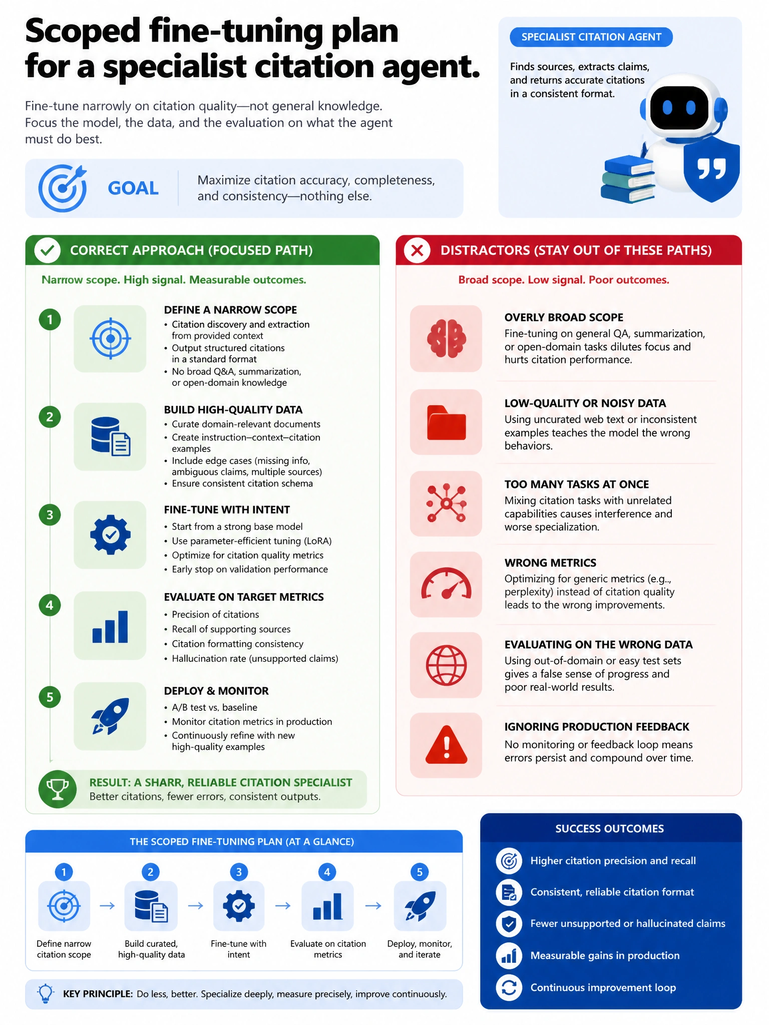 Portrait infographic 1536x2048, Microsoft Foundry / Azure multi-agent style (blue #0078D4, white, dark navy). Title: Scoped fine-tuning plan for a specialist citation agent. Clear labeled diagram of correct approach vs distractors, green callout for correct path, muted red for wrong paths, clean icons, no decorative clutter, readable baked text.
