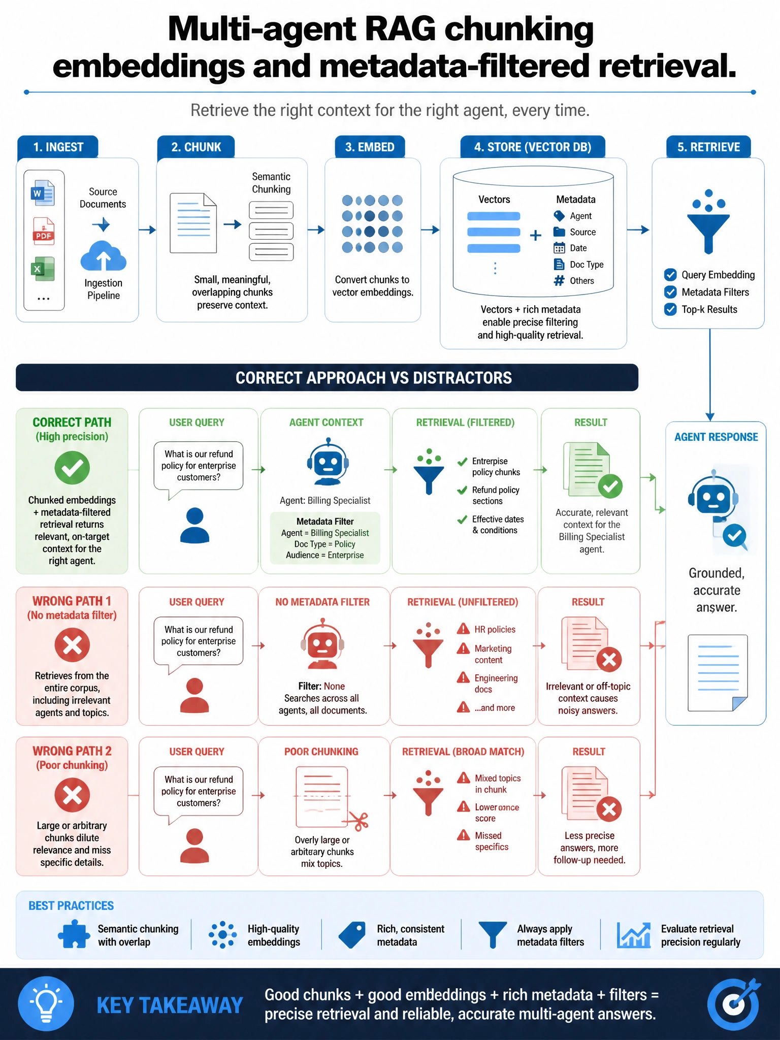 Portrait infographic 1536x2048, Microsoft Foundry / Azure multi-agent style (blue #0078D4, white, dark navy). Title: Multi-agent RAG chunking embeddings and metadata-filtered retrieval. Clear labeled diagram of correct approach vs distractors, green callout for correct path, muted red for wrong paths, clean icons, no decorative clutter, readable baked text.