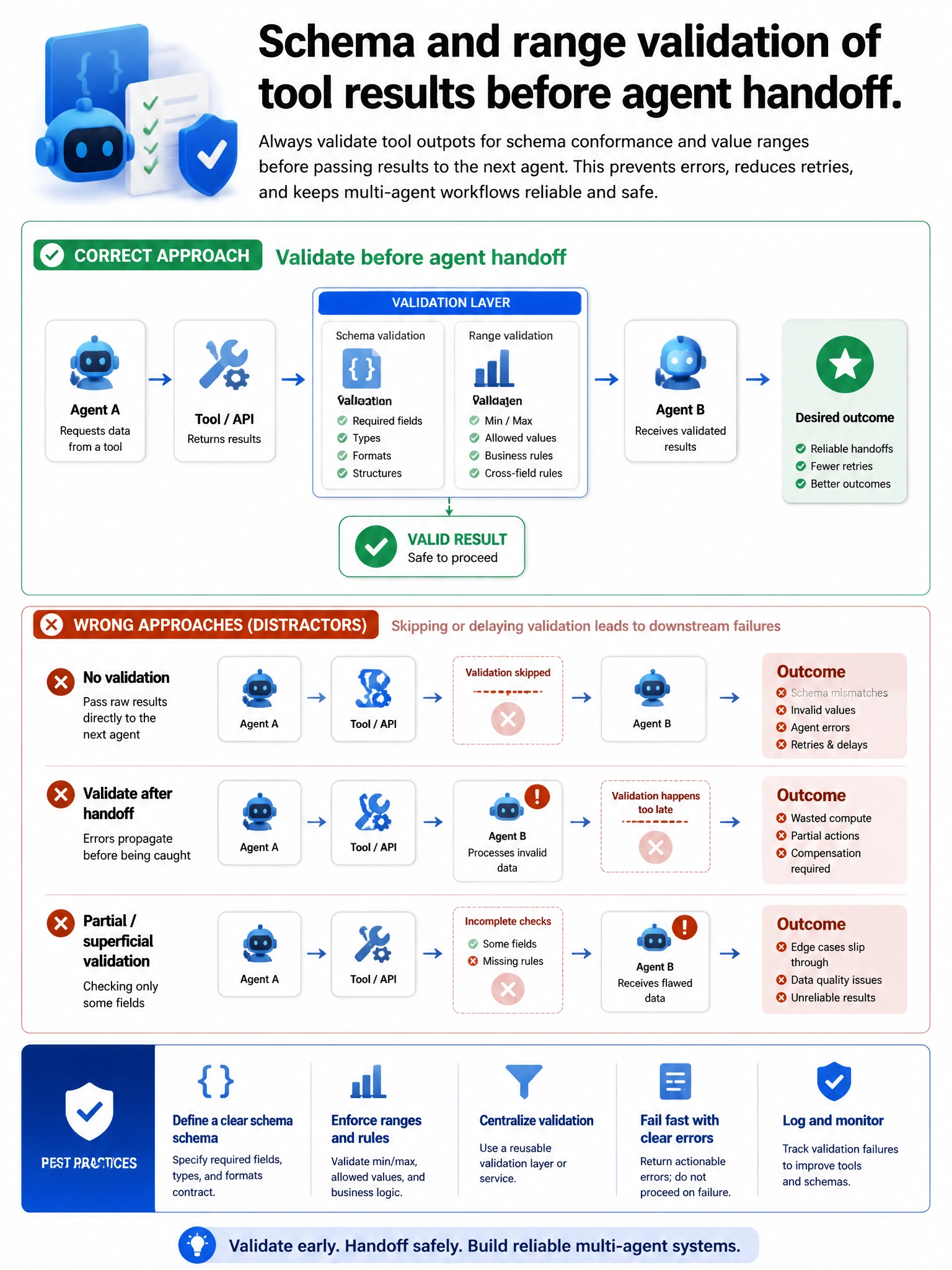 Portrait infographic 1536x2048, Microsoft Foundry / Azure multi-agent style (blue #0078D4, white, dark navy). Title: Schema and range validation of tool results before agent handoff. Clear labeled diagram of correct approach vs distractors, green callout for correct path, muted red for wrong paths, clean icons, no decorative clutter, readable baked text.